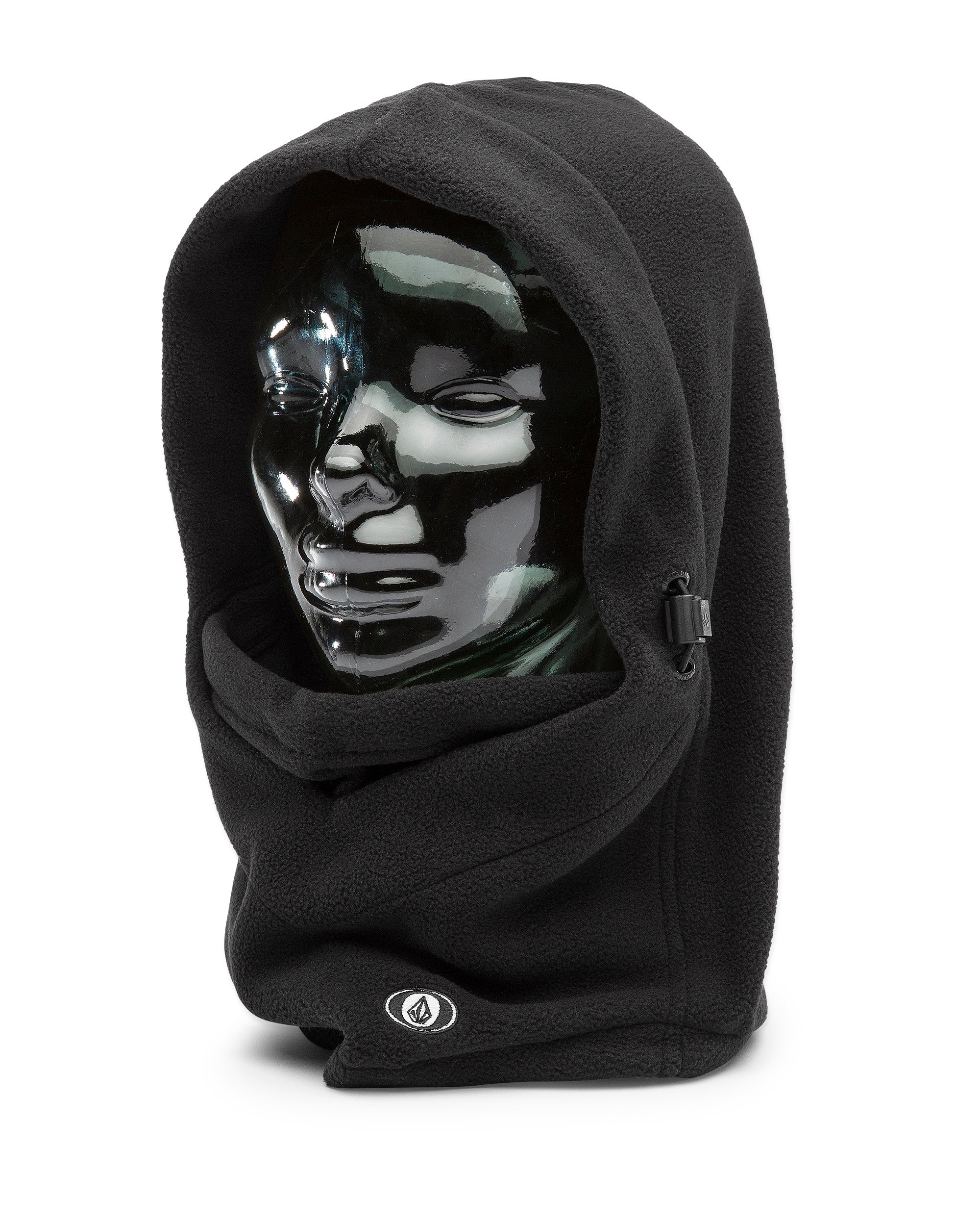 Volcom Men's Travelin Hood Thingy Neck Warmer - A black fleece neck warmer with a hood and adjustable drawstring.