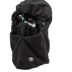 Volcom Men's Travelin Hood Thingy Neck Warmer - A black fleece neck warmer with a hood, featuring a small white logo on the front.