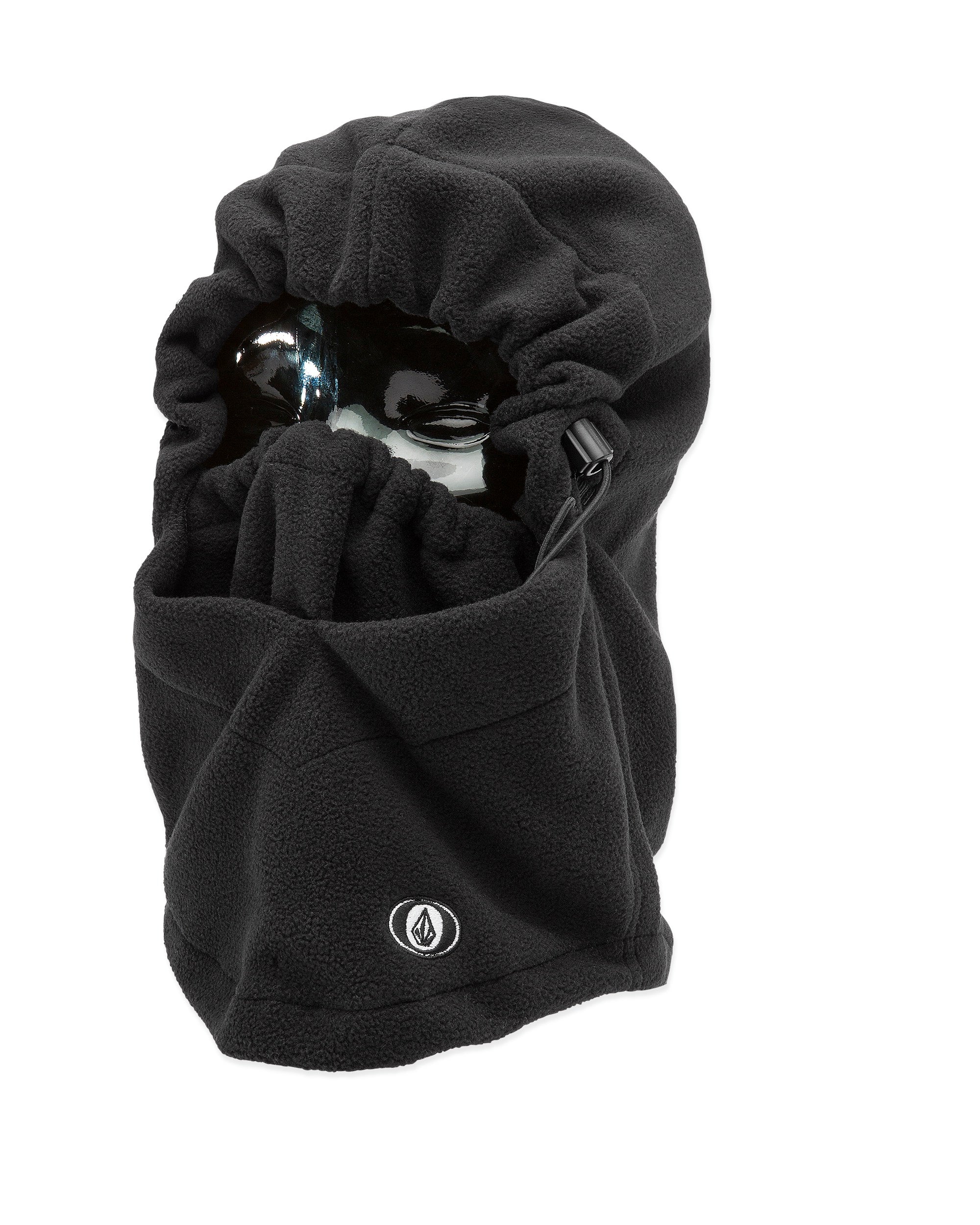 Volcom Men's Travelin Hood Thingy Neck Warmer - A black fleece neck warmer with a hood, featuring a small white logo on the front.