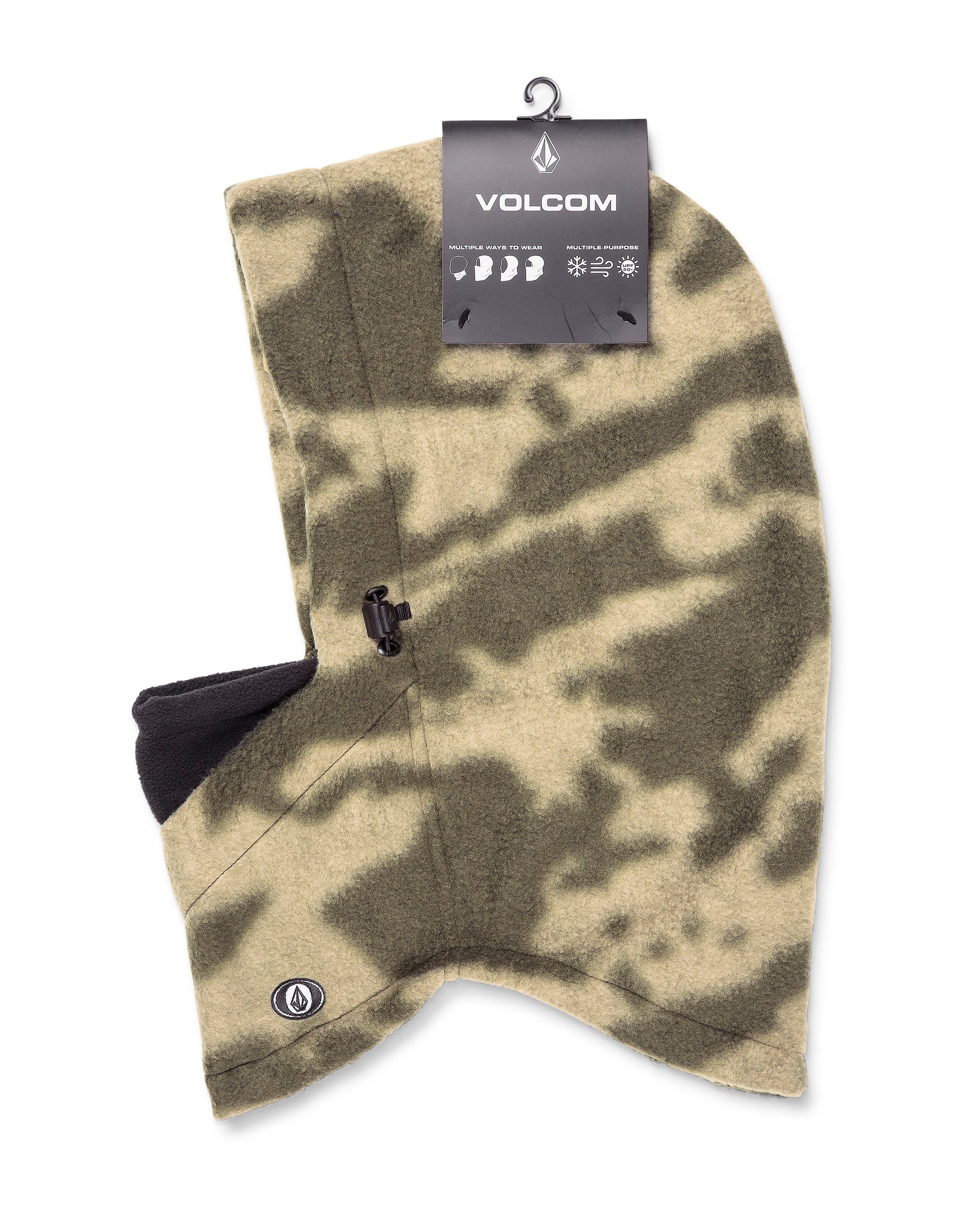 Volcom Men's Travelin Hood Thingy Neck Warmer - A tan neck warmer with a black fleece interior and a small logo on the bottom left corner.