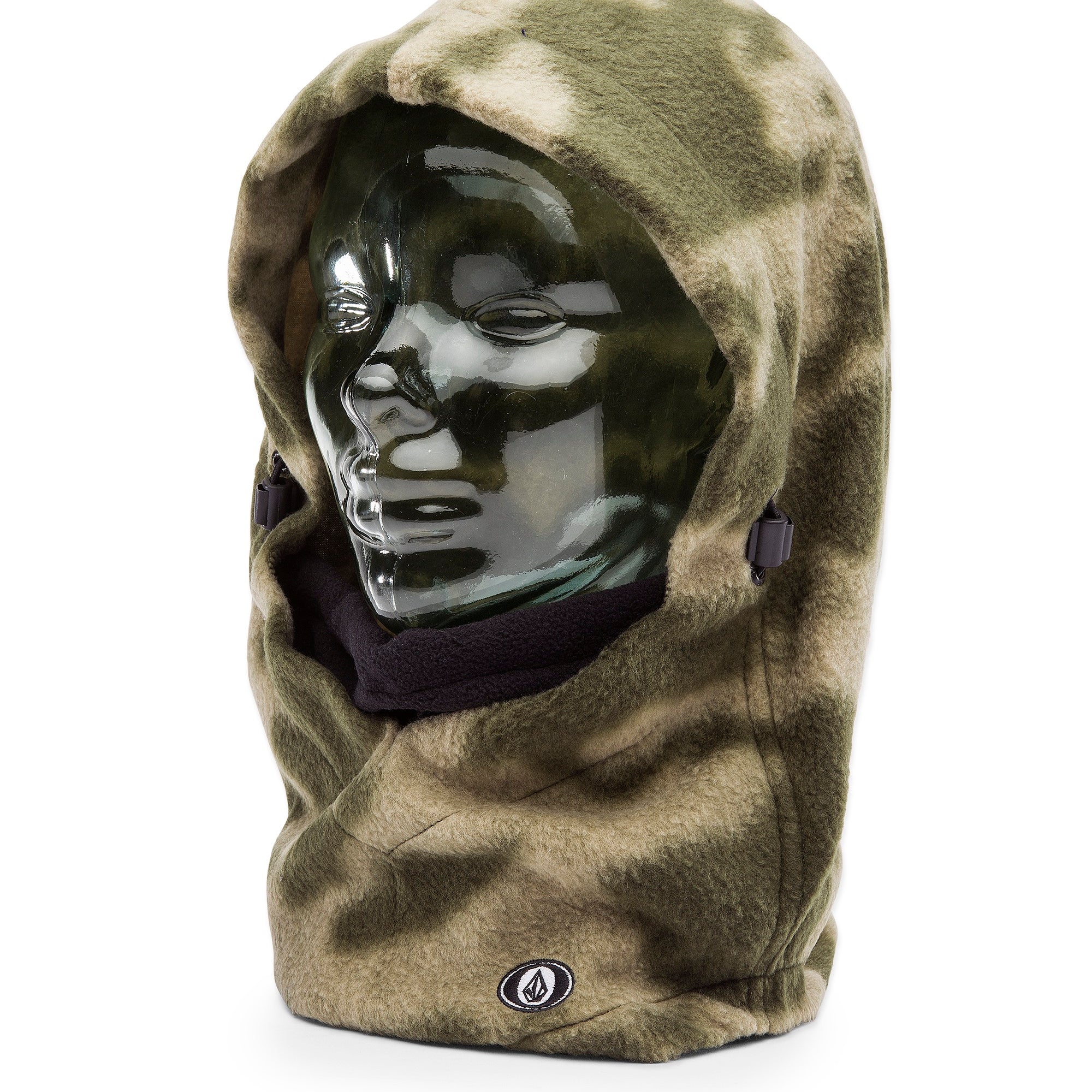 Volcom Men's Travelin Hood Thingy Neck Warmer - A green and tan camouflage hooded neck warmer with a black fleece lining.