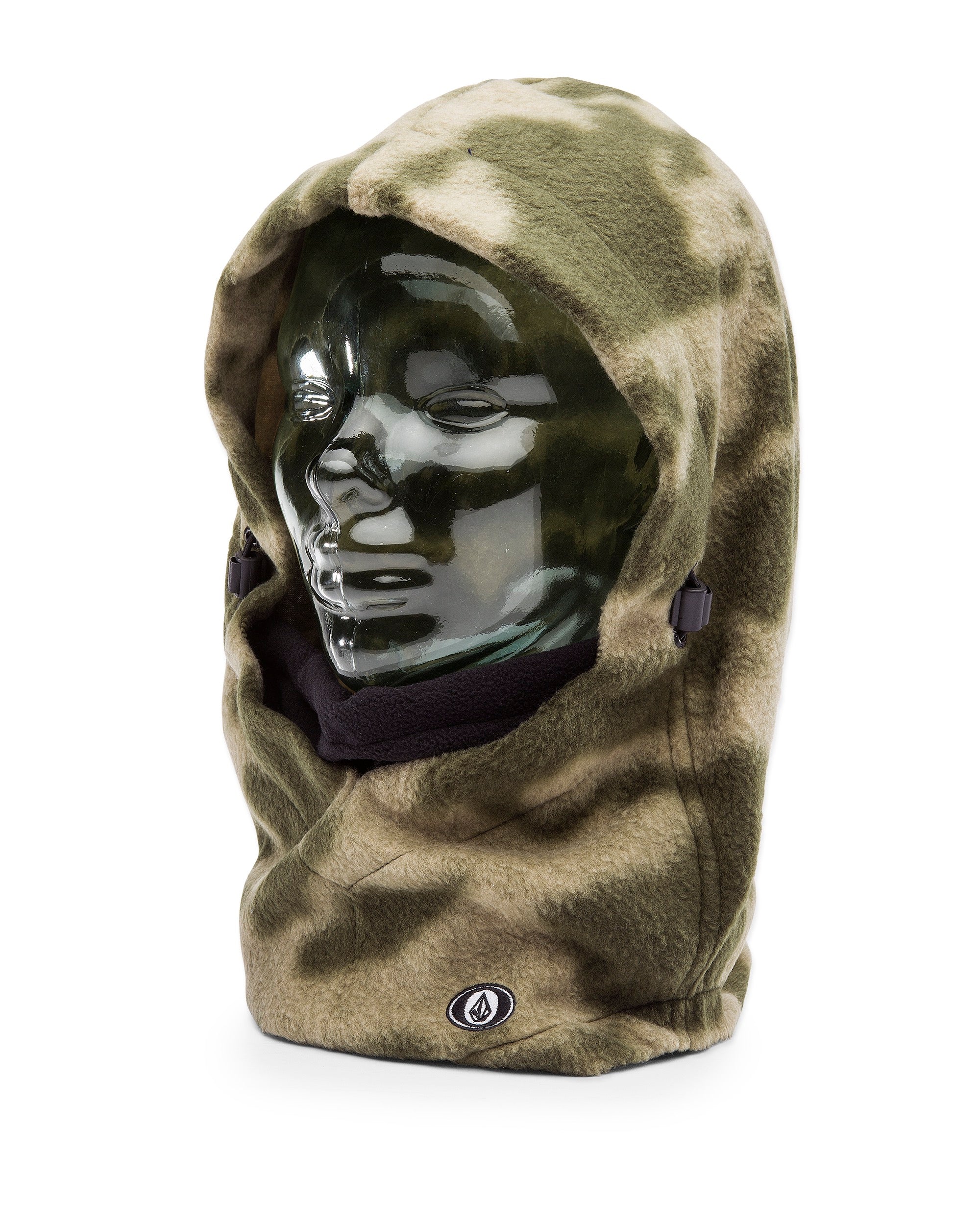 Volcom Men's Travelin Hood Thingy Neck Warmer - A green and tan camouflage hooded neck warmer with a black fleece lining.