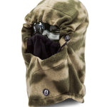 Volcom Men's Travelin Hood Thingy Neck Warmer - A green and tan camouflage neck warmer with a black drawstring on the side.