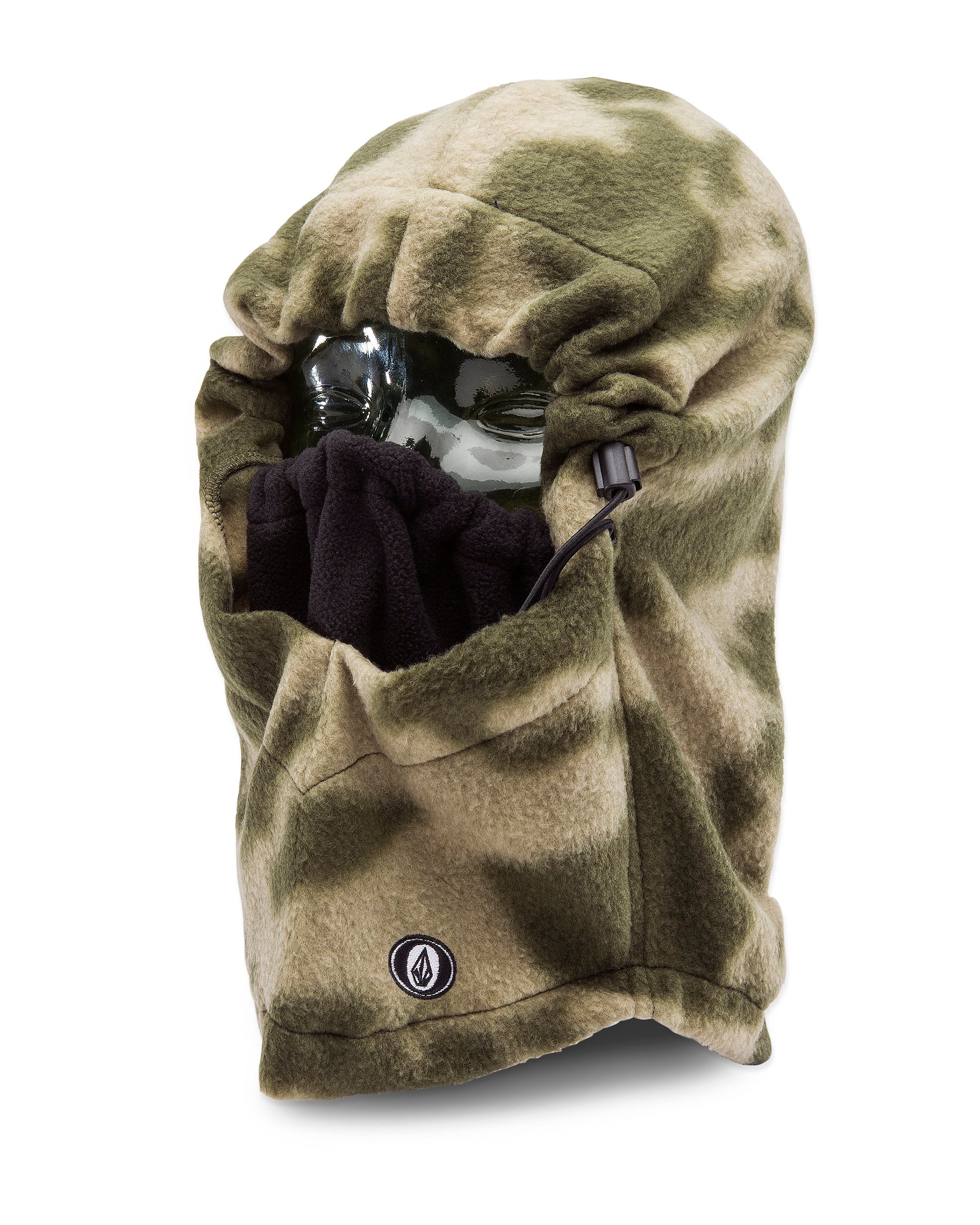 Volcom Men's Travelin Hood Thingy Neck Warmer - A green and tan camouflage neck warmer with a black drawstring on the side.