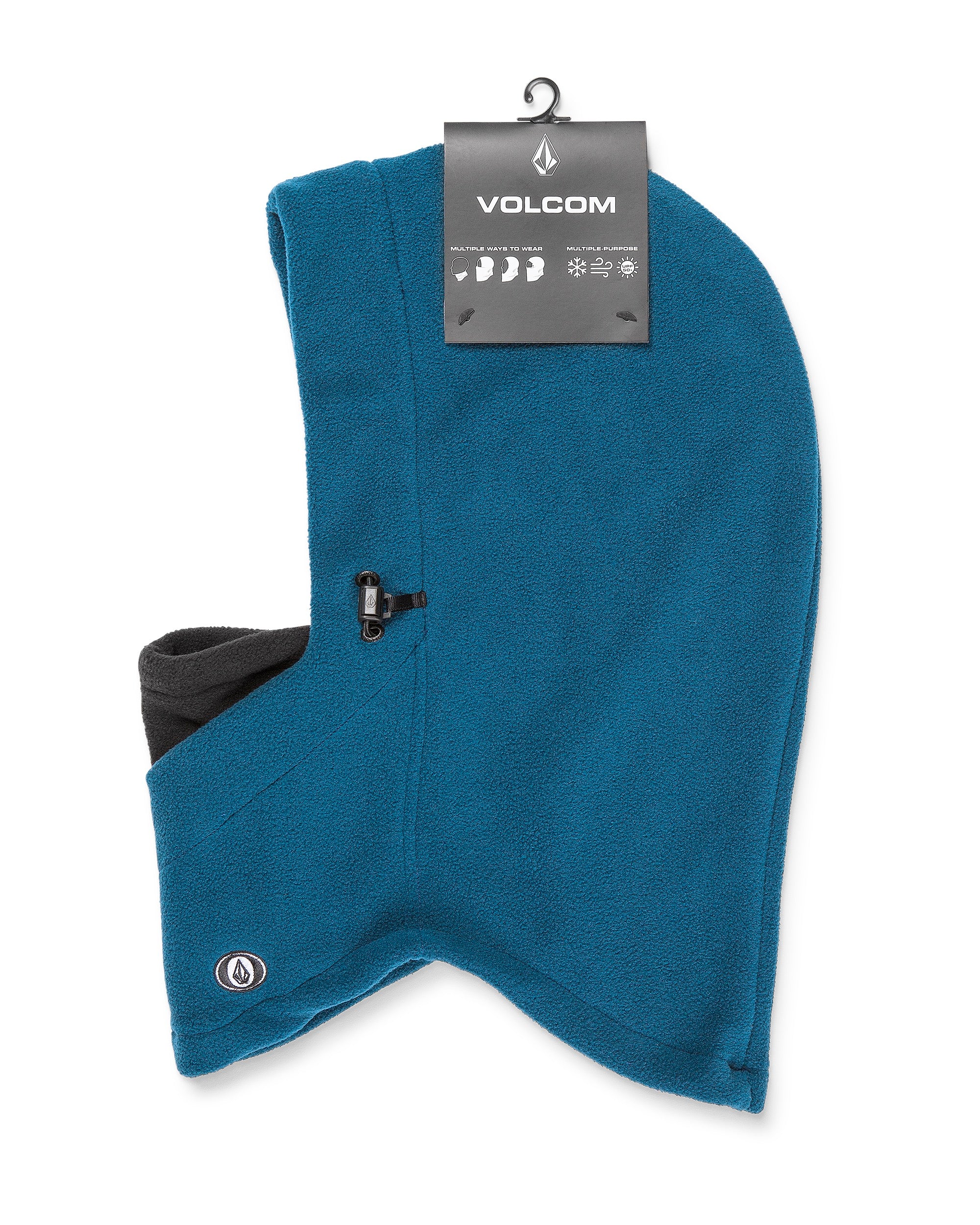 Volcom Men's Travelin Hood Thingy Neck Warmer - A blue fleece neck warmer with a hood and two black plastic toggles on either side of the opening.