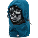 Volcom Men's Travelin Hood Thingy Neck Warmer - A blue fleece neck warmer with a hood and adjustable drawstrings on both sides.