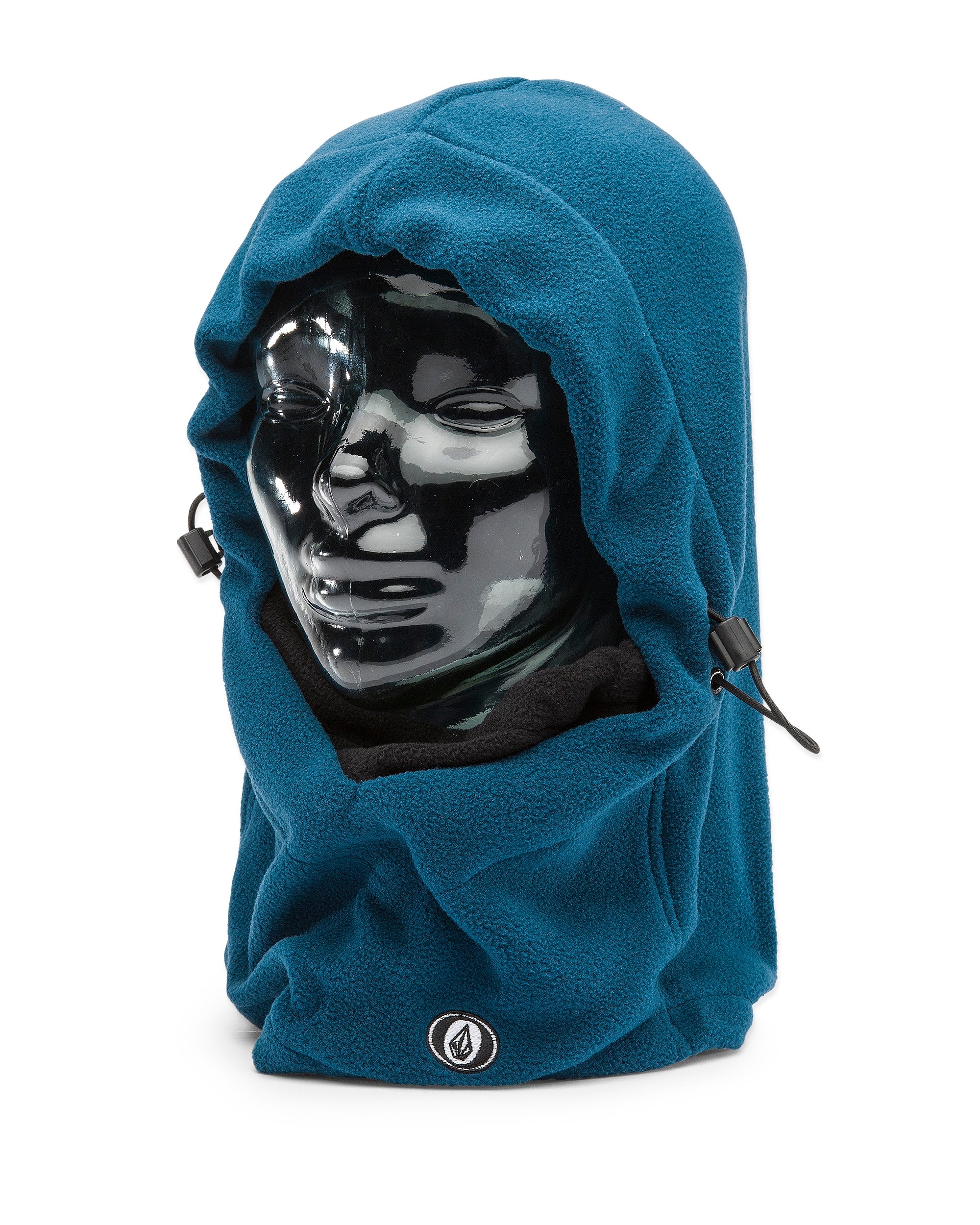Volcom Men's Travelin Hood Thingy Neck Warmer - A blue fleece neck warmer with a hood and adjustable drawstrings on both sides.