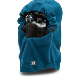 Volcom Men's Travelin Hood Thingy Neck Warmer - A blue fleece neck warmer with a hood and drawstring, featuring a small logo on the front.