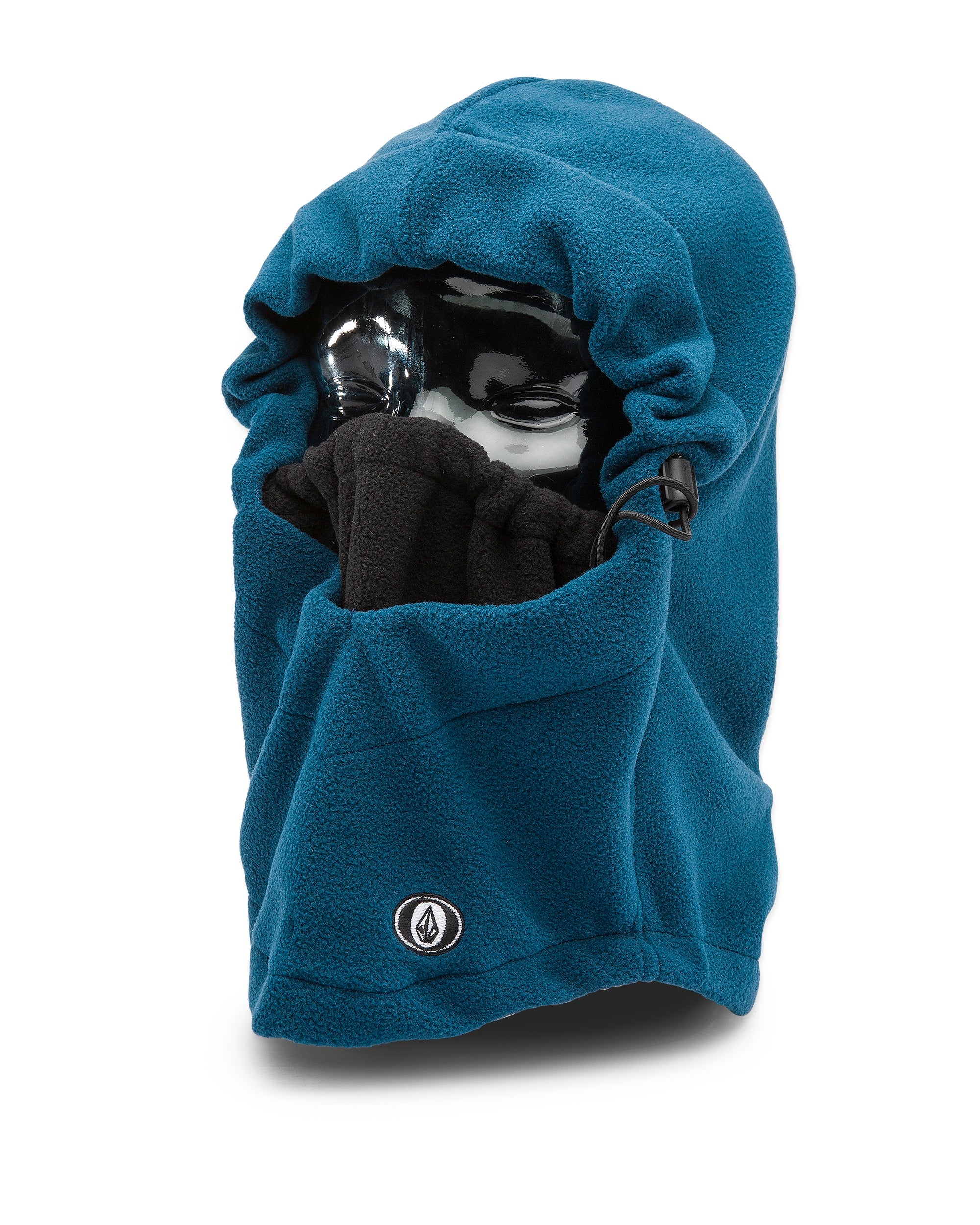 Volcom Men's Travelin Hood Thingy Neck Warmer - A blue fleece neck warmer with a hood and drawstring, featuring a small logo on the front.