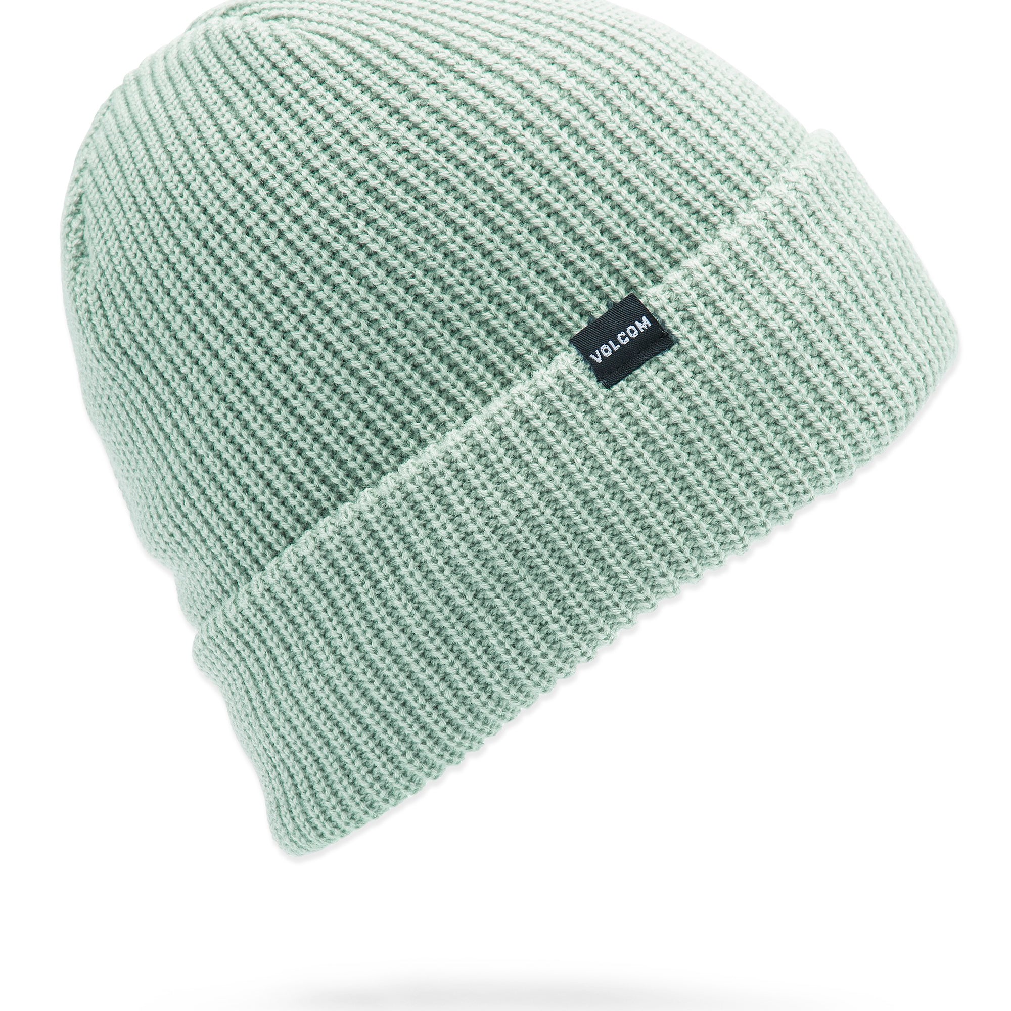 Volcom Men's Sweep Lined Beanie 2025 - A light green beanie with a black label featuring white lettering that reads "VOLCOM".