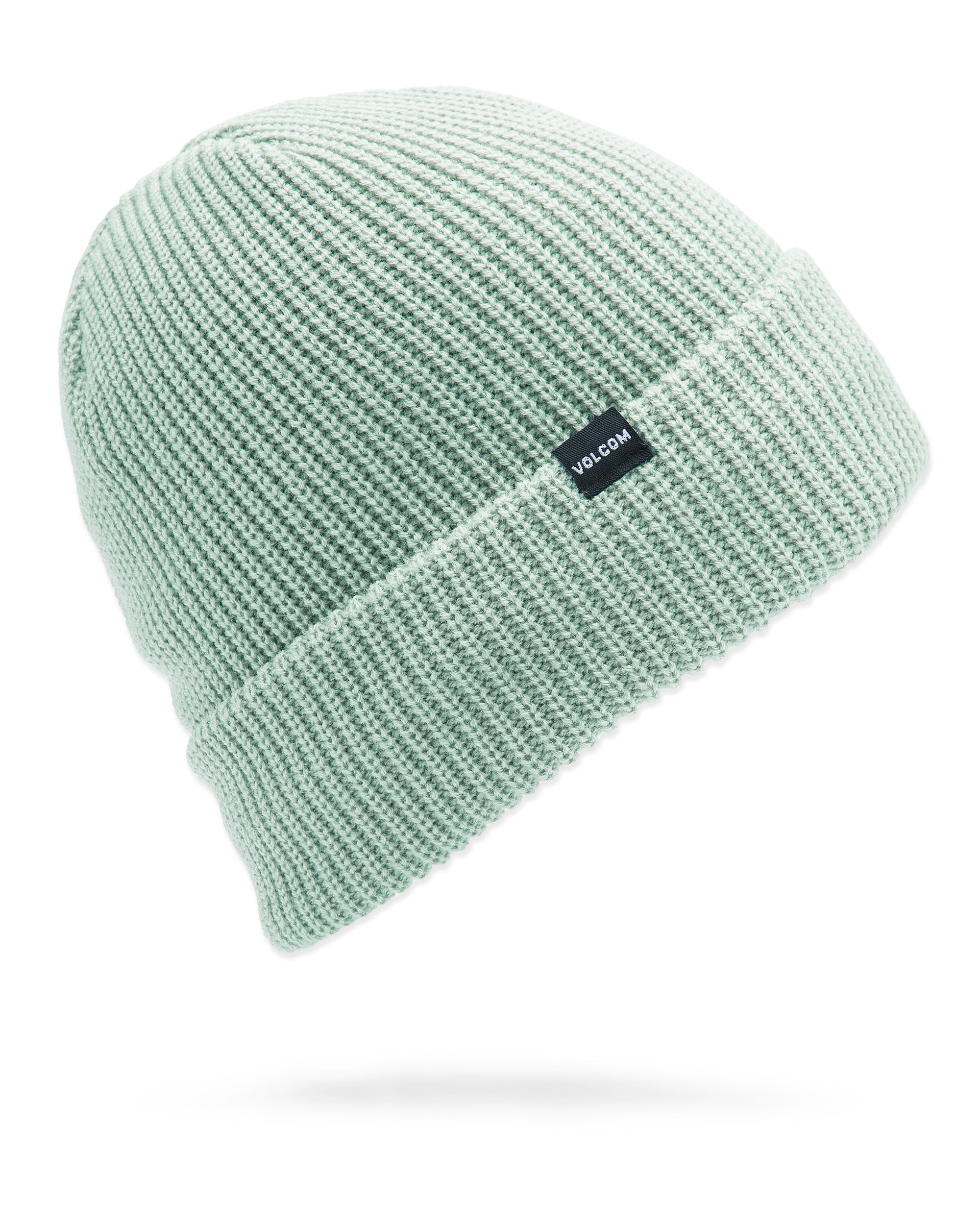 Volcom Men's Sweep Lined Beanie 2025 - A light green beanie with a black label featuring white lettering that reads "VOLCOM".