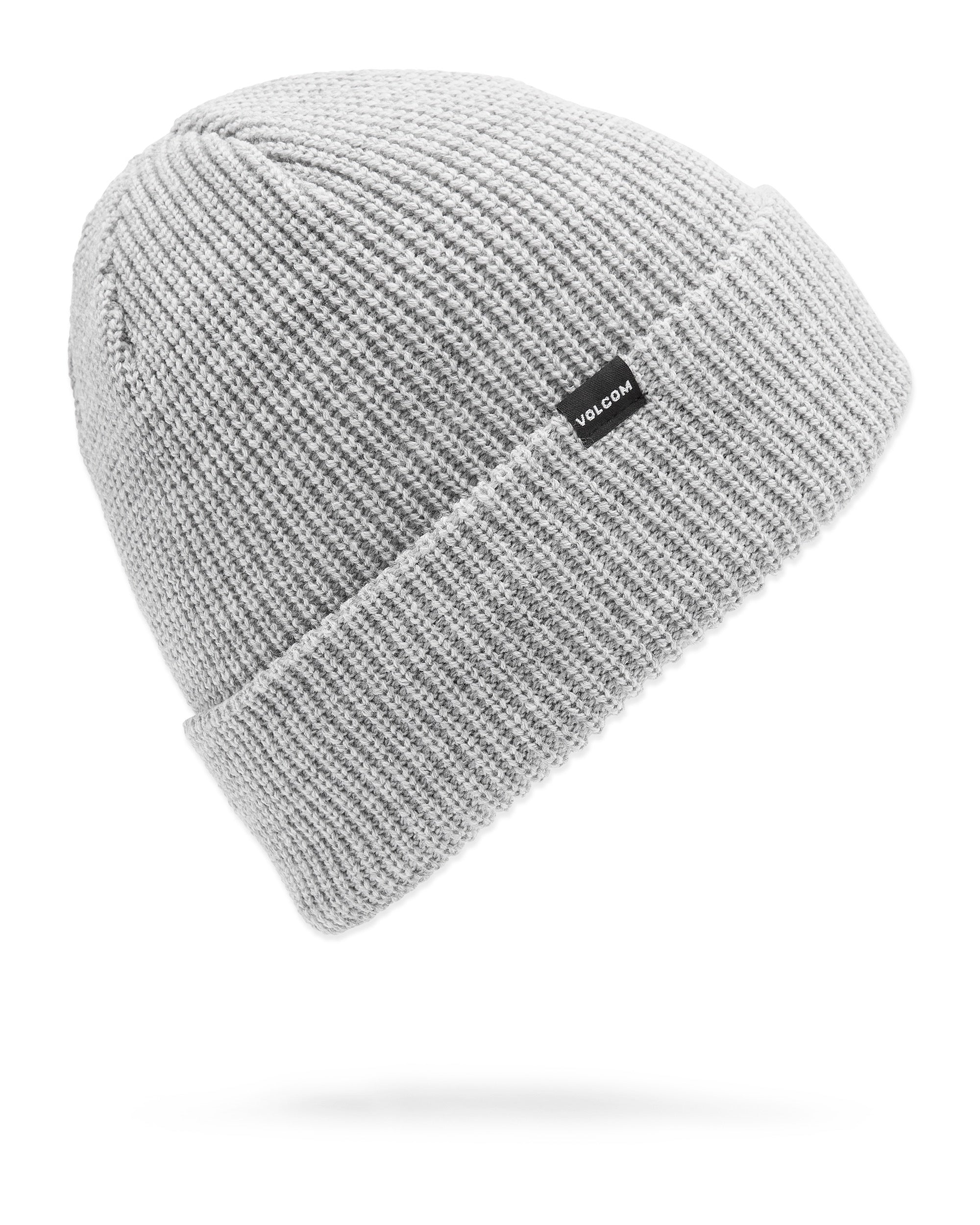 Volcom Men's Sweep Beanie 2025 - A light gray beanie with a ribbed cuff and a small black label on the front that reads "VOLCOM" in white letters.