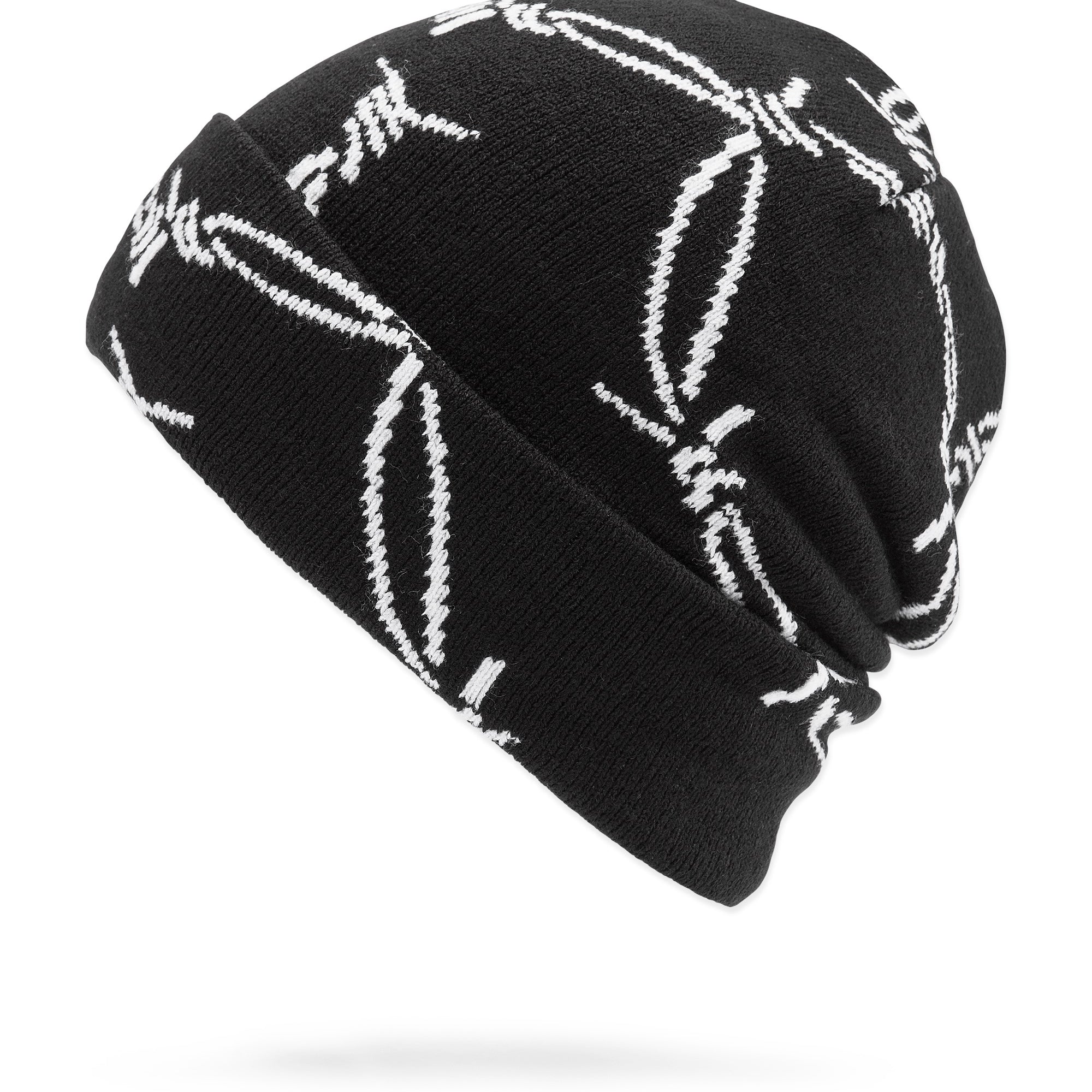 Volcom Men's Stone Funk Beanie - A black beanie with white embroidered designs and a folded cuff at the bottom.