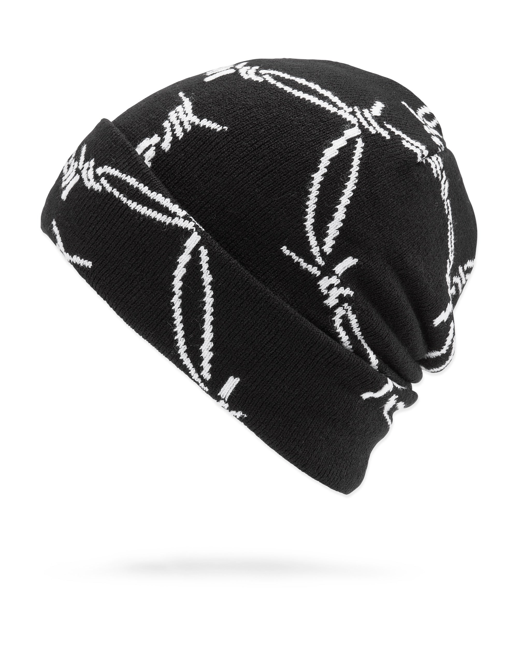 Volcom Men's Stone Funk Beanie - A black beanie with white embroidered designs and a folded cuff at the bottom.