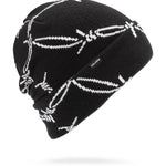 Volcom Men's Stone Funk Beanie - A black beanie with white abstract line art and a small gray tag that reads "VOLCOM" on the front.