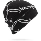 Volcom Men's Stone Funk Beanie - A black beanie with white abstract line art and a small gray tag that reads "VOLCOM" on the front.
