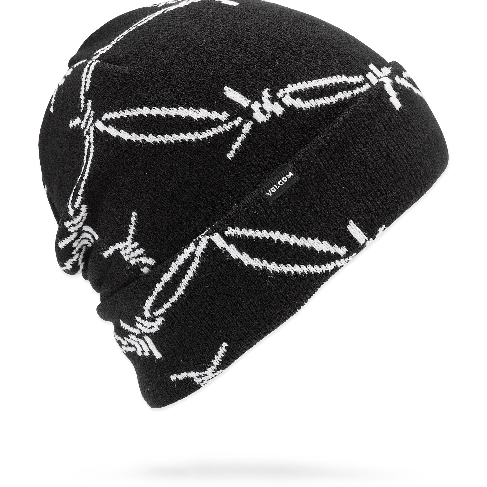 Volcom Men's Stone Funk Beanie - A black beanie with white abstract line art and a small gray tag that reads "VOLCOM" on the front.