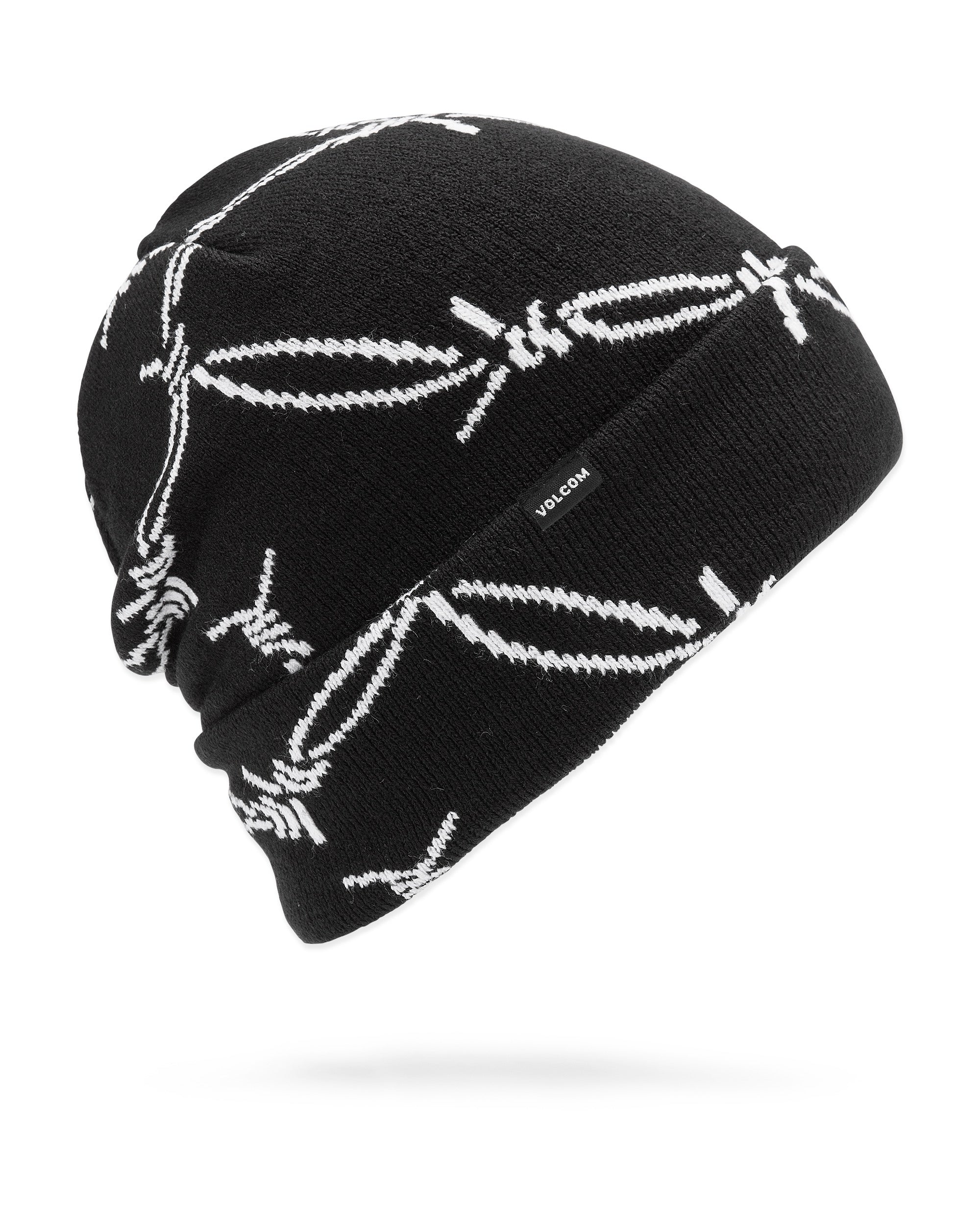 Volcom Men's Stone Funk Beanie - A black beanie with white abstract line art and a small gray tag that reads "VOLCOM" on the front.