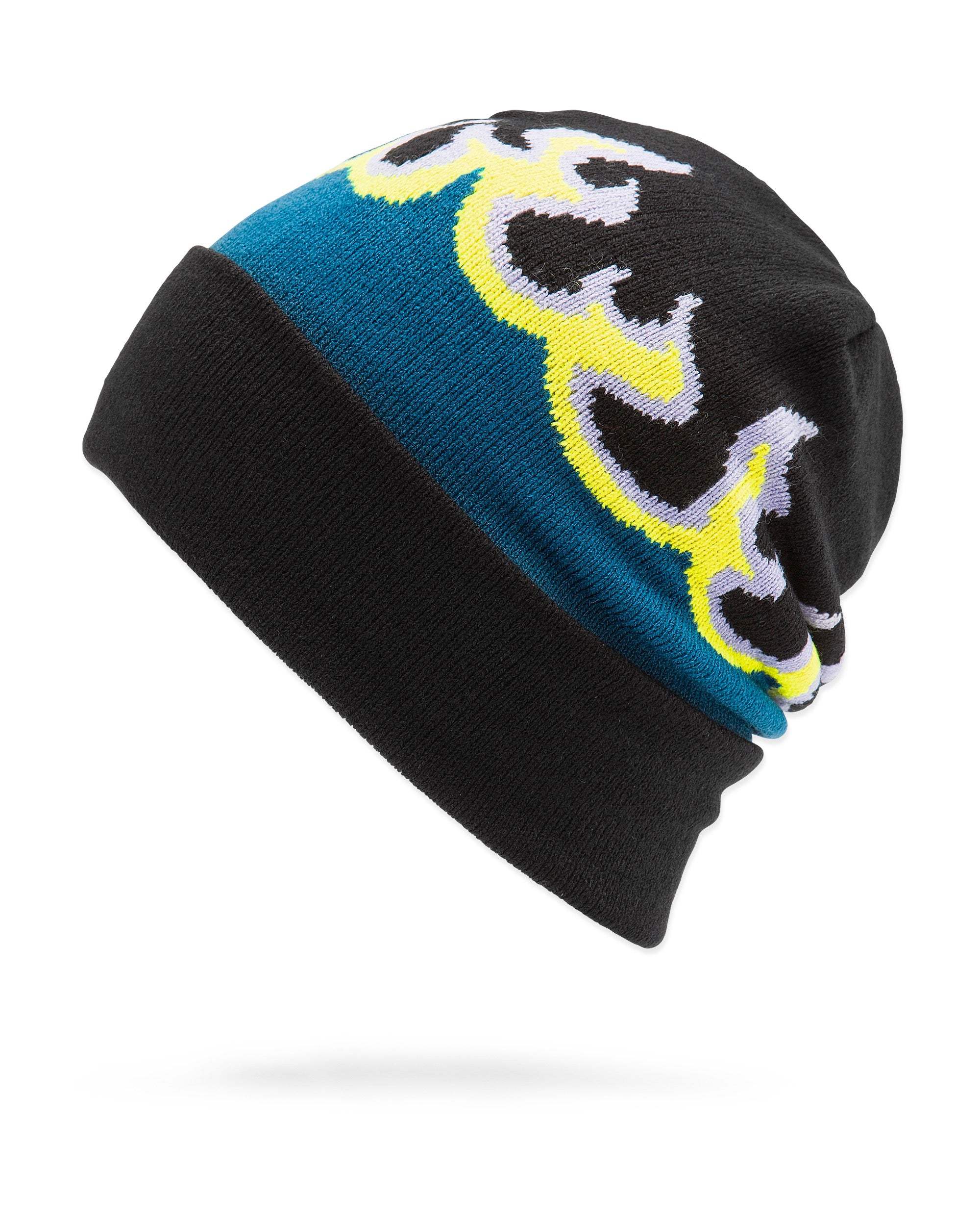 Volcom Men's Stone Funk Beanie - A black beanie with a yellow and gray graphic on top.