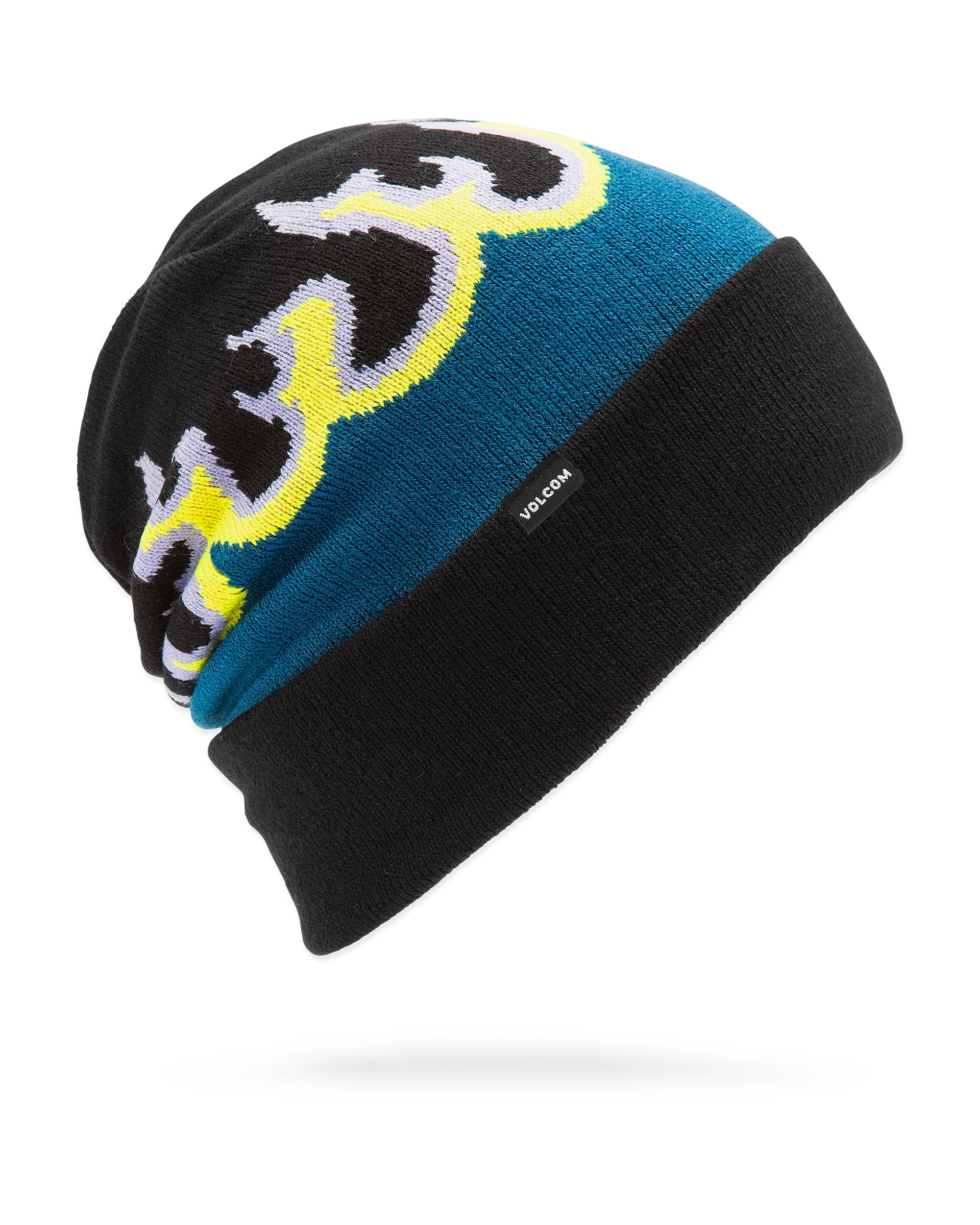 Volcom Men's Stone Funk Beanie 2025 - A black beanie with a yellow and gray graphic on top.