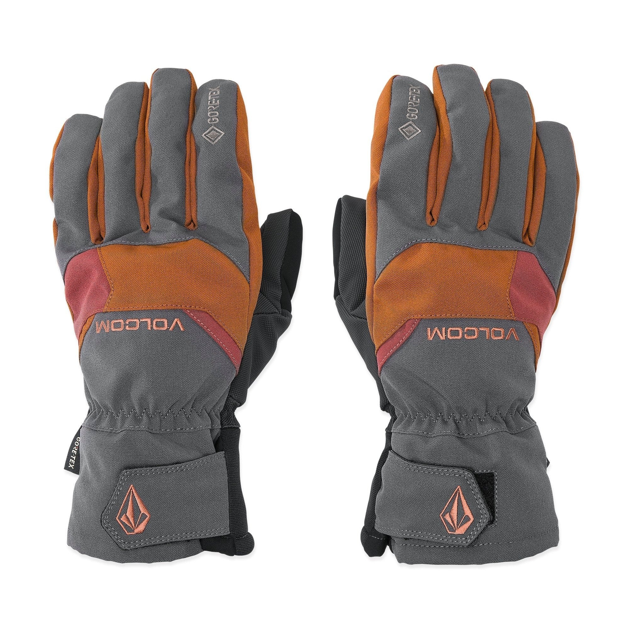 Volcom Men's CP2 GORE-TEX Glove - A pair of gloves with a gray palm and fingers, featuring orange accents on the back of the hand and thumb.