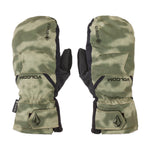 Volcom Men's Stay Dry GORE-TEX Mitt - A pair of olive green mittens with a camouflage pattern, featuring black accents and a GORE-TEX logo on the cuff.