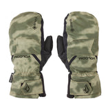 Volcom Men's Stay Dry GORE-TEX Mitt - A pair of olive green mittens with a camouflage pattern, featuring black accents and a GORE-TEX logo on the cuff.