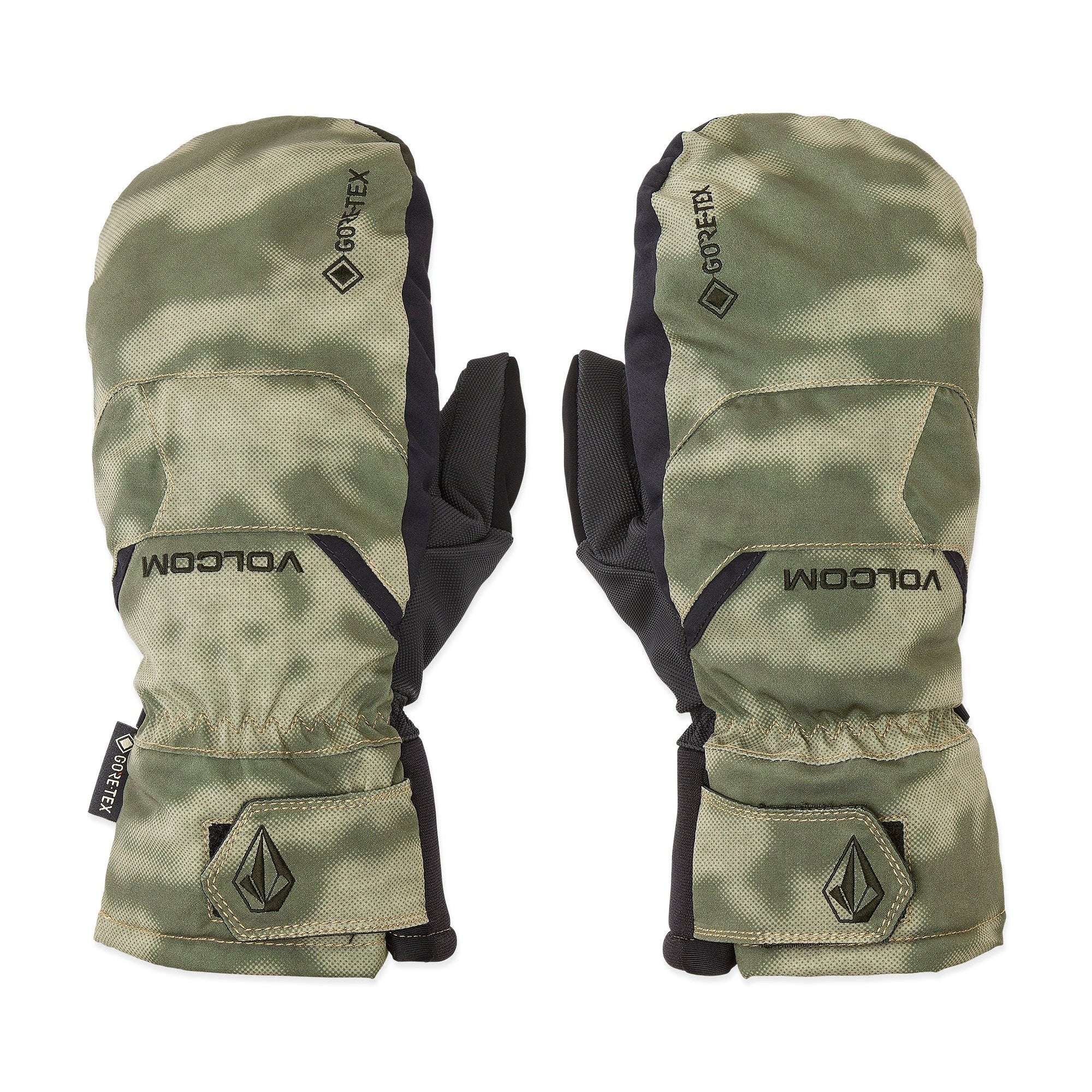 Volcom Men's Stay Dry GORE-TEX Mitt - A pair of olive green mittens with a camouflage pattern, featuring black accents and a GORE-TEX logo on the cuff.