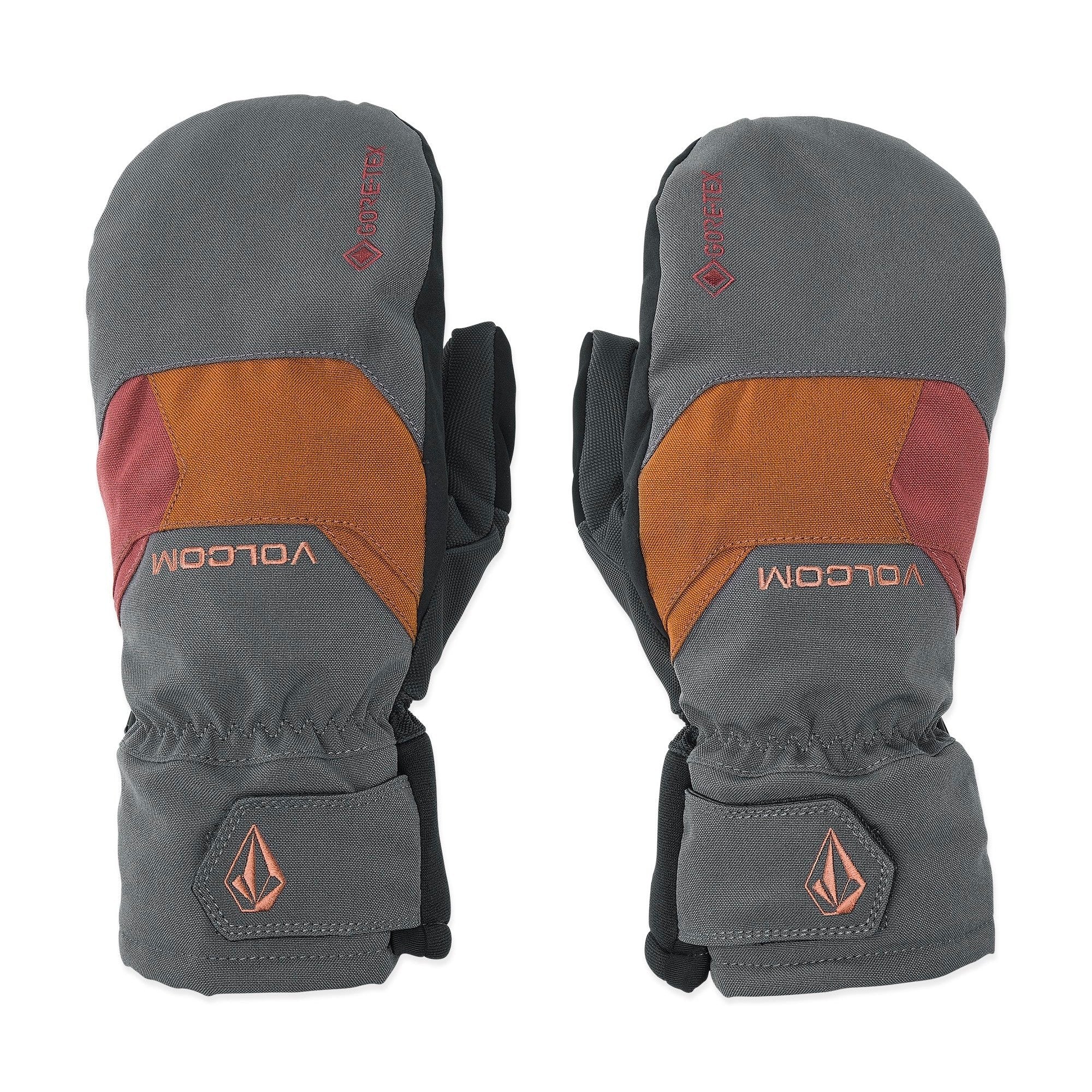 Volcom Men's Stay Dry GORE-TEX Mitt - A pair of gray mittens with a red logo on the back and a strap closure at the wrist.
