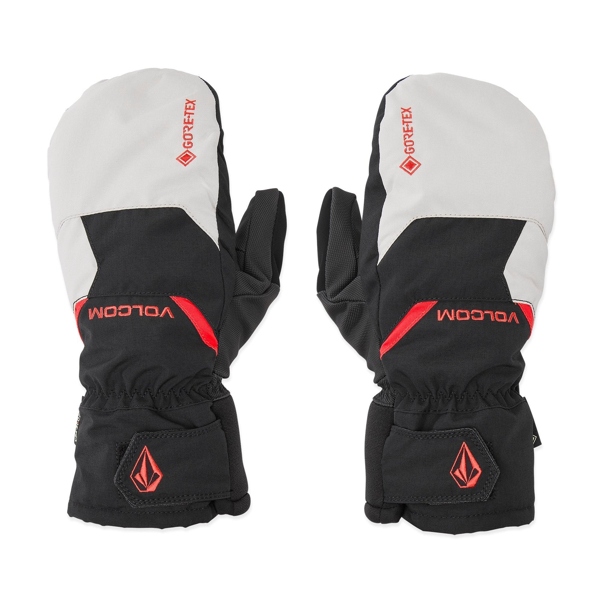 Volcom Men's Stay Dry GORE-TEX Mitt - A pair of black mittens with red accents and a white logo on the back.