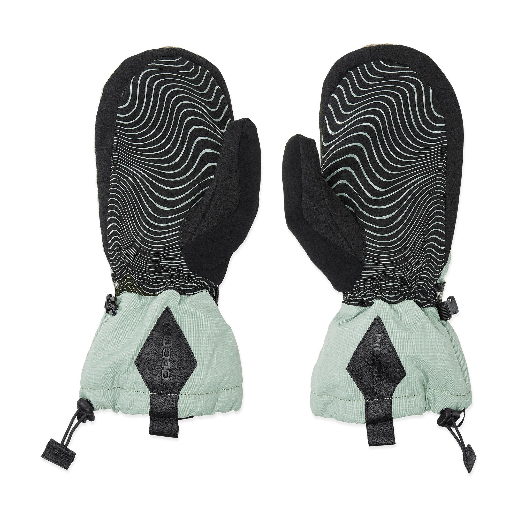 Volcom Men's Millicent Mitt - A pair of black mittens with a white wavy line pattern on the back and gray fleece lining visible inside.