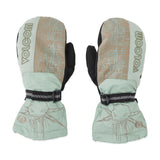 Volcom Men's Millicent Mitt - A pair of mint green mittens with a brown strap and buckle on the wrist, featuring a pattern of lines and shapes in light blue.