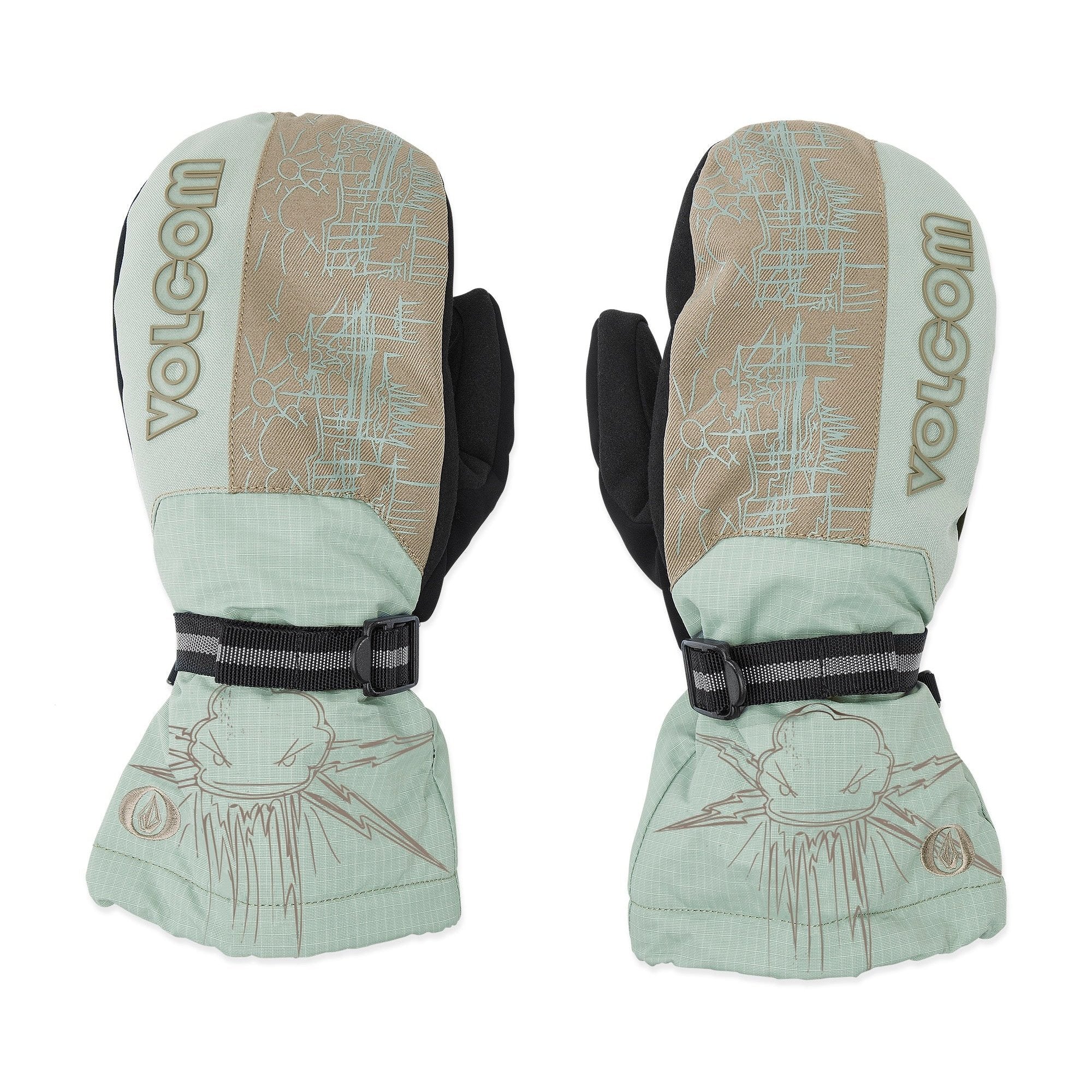 Volcom Men's Millicent Mitt - A pair of mint green mittens with a brown strap and buckle on the wrist, featuring a pattern of lines and shapes in light blue.