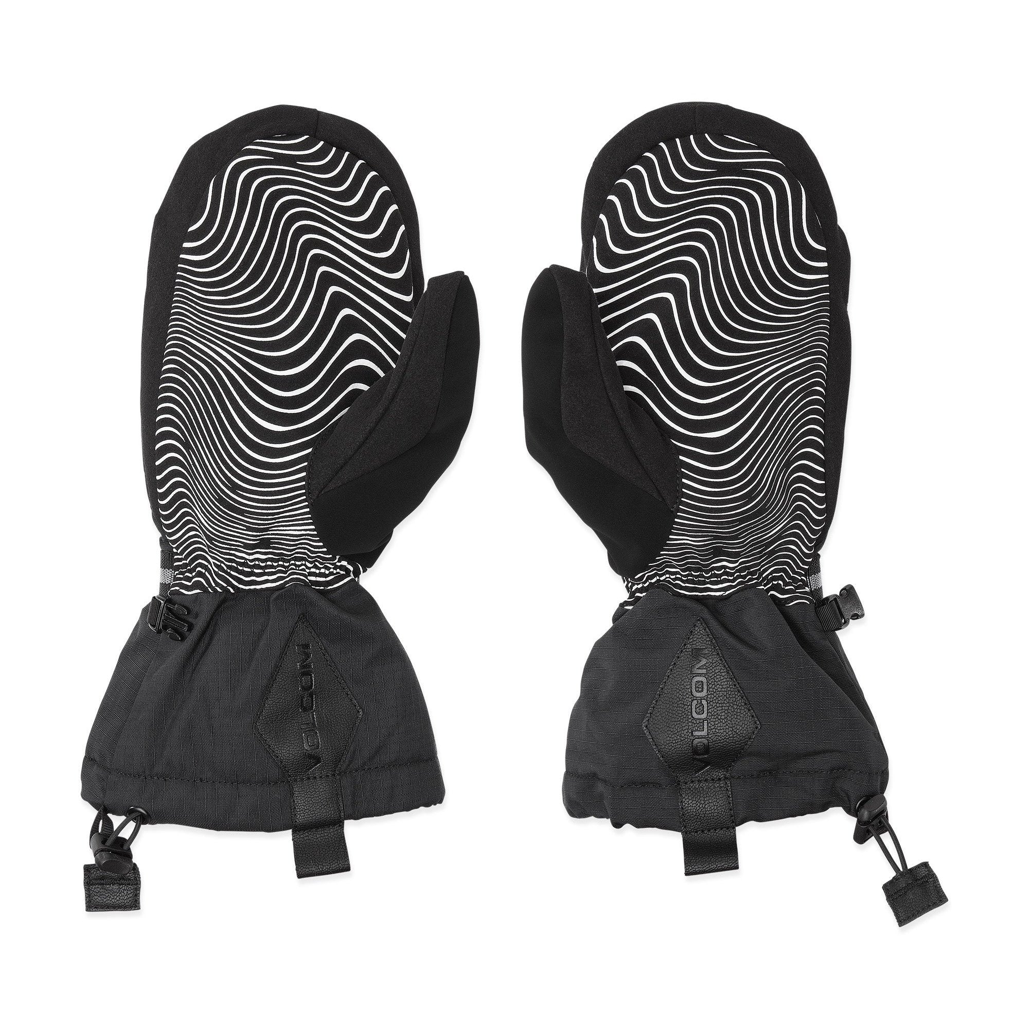 Volcom Men's Millicent Mitt - A pair of black mittens with a white wavy line pattern on the back, featuring a strap and buckle closure at the wrist.