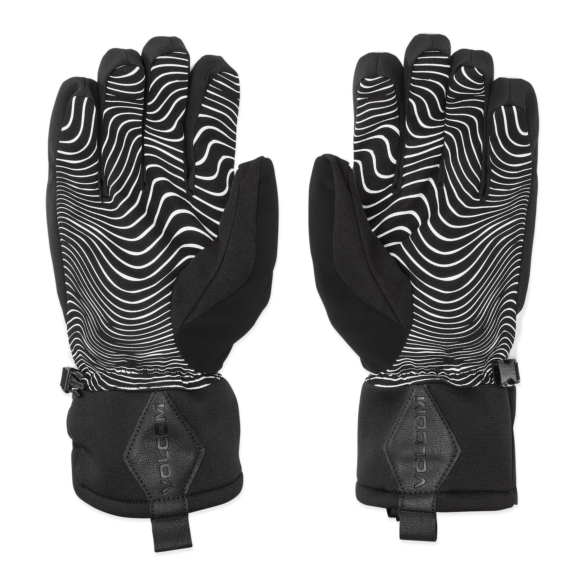 Volcom Men's V.Co Nyle Glove 2025 - Black gloves with white wavy line pattern on palm side and black leather patch on wrist strap.