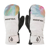 Volcom Men's V.Co Nyle Mitt - A pair of white mittens with a black strap and logo on the wrist, featuring a tie-dye pattern on the top portion.