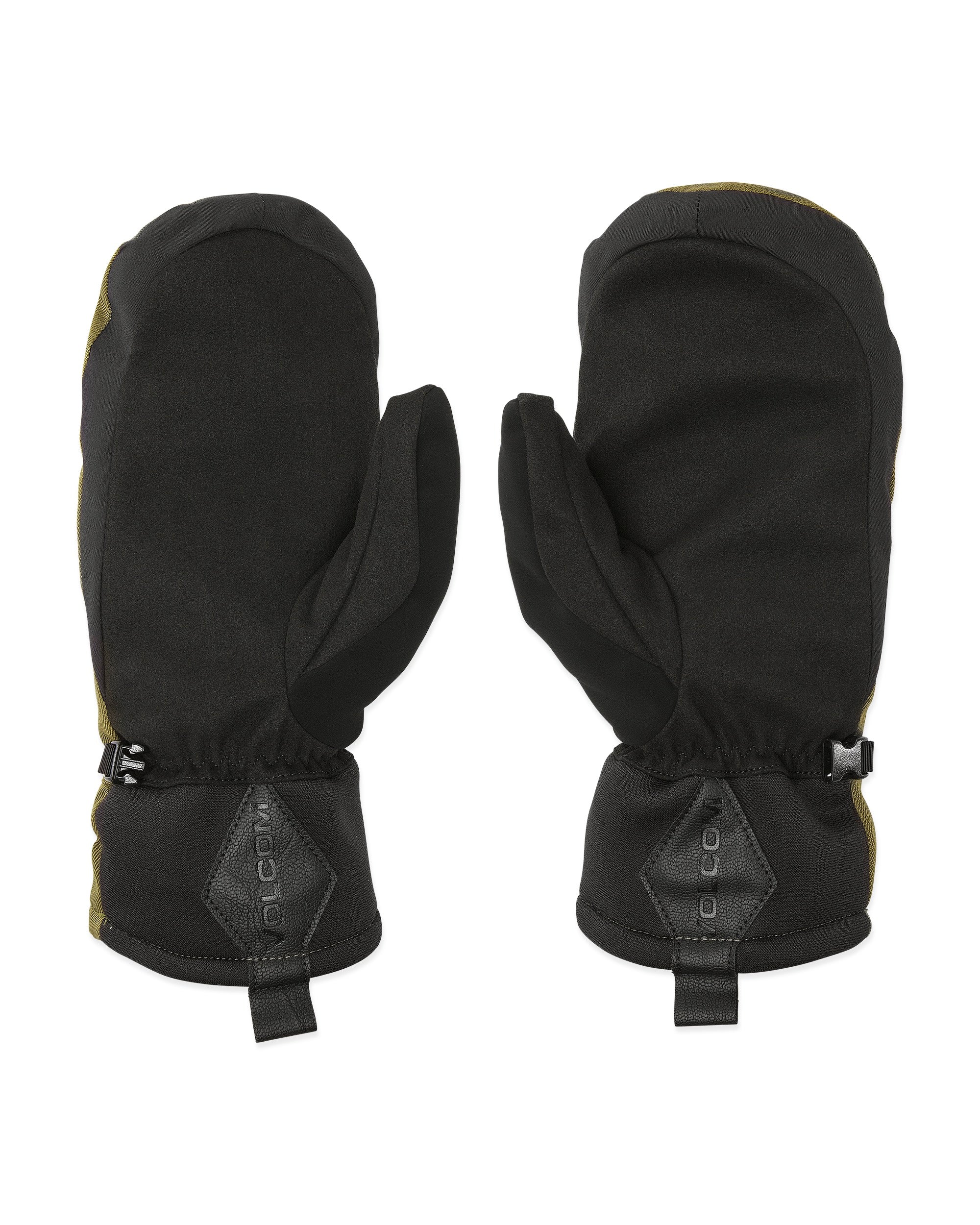 Volcom Men's V.Co Nyle Mitt - A pair of black mittens with a yellow logo on the cuff and a strap closure at the wrist.