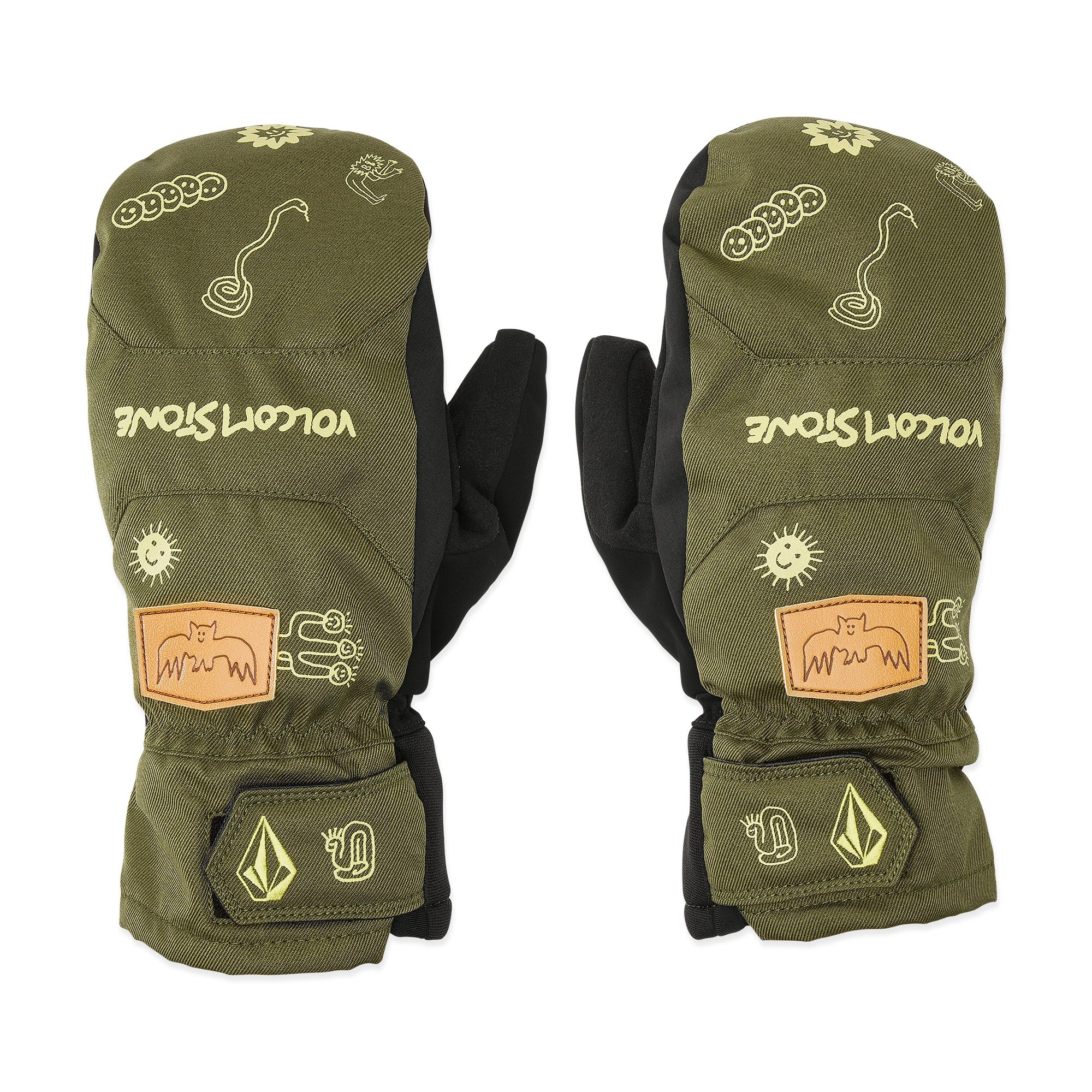 Volcom Men's V.Co Nyle Mitt - Olive green mittens with a brown leather patch on the wrist and a white logo.