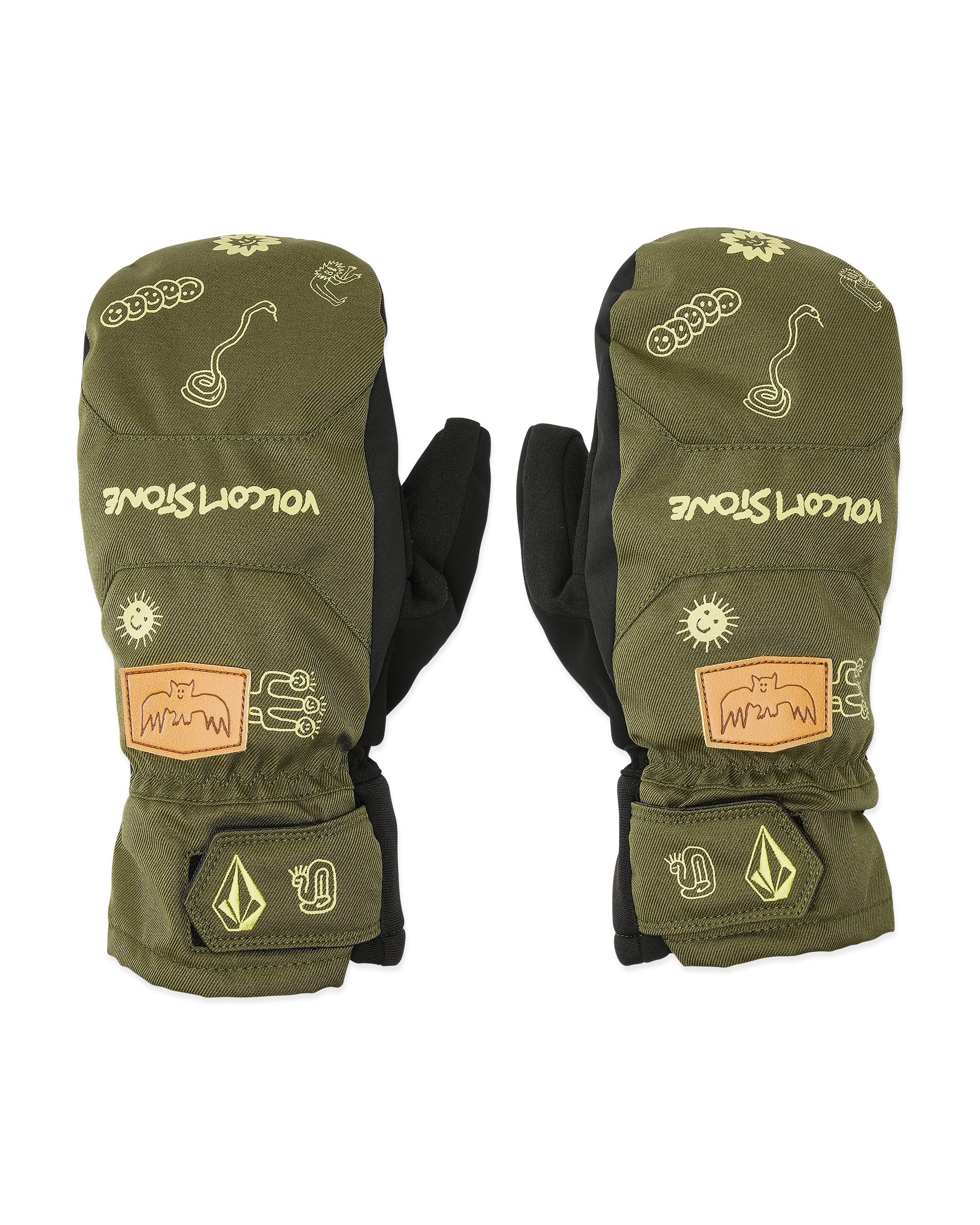 Volcom Men's V.Co Nyle Mitt - Olive green mittens with a brown leather patch on the wrist and a white logo.