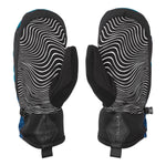 Volcom Men's V.Co Nyle Mitt - A pair of black and blue mittens with a wavy white line pattern on the palm side, featuring a strap closure at the wrist.