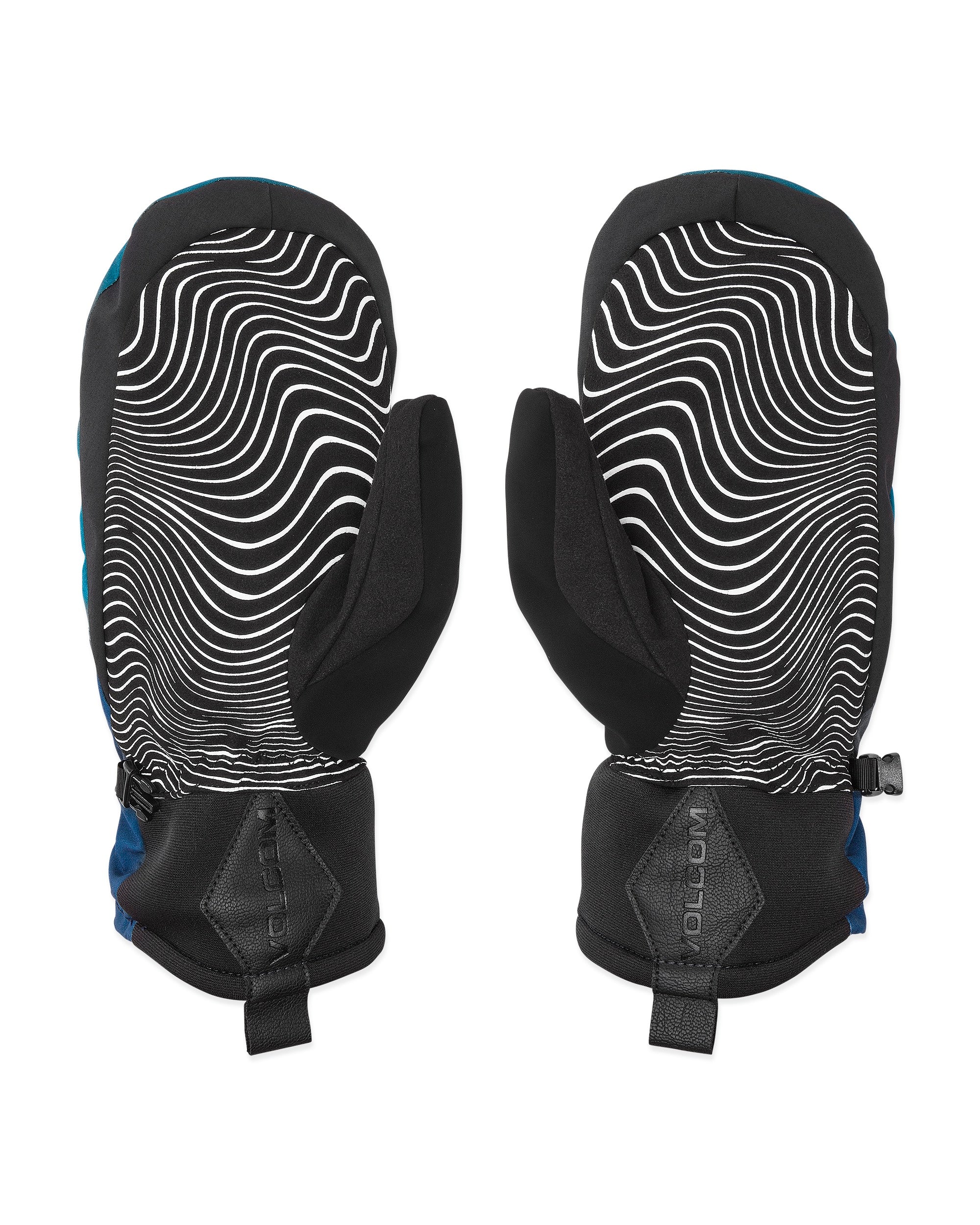 Volcom Men's V.Co Nyle Mitt - A pair of black and blue mittens with a wavy white line pattern on the palm side, featuring a strap closure at the wrist.