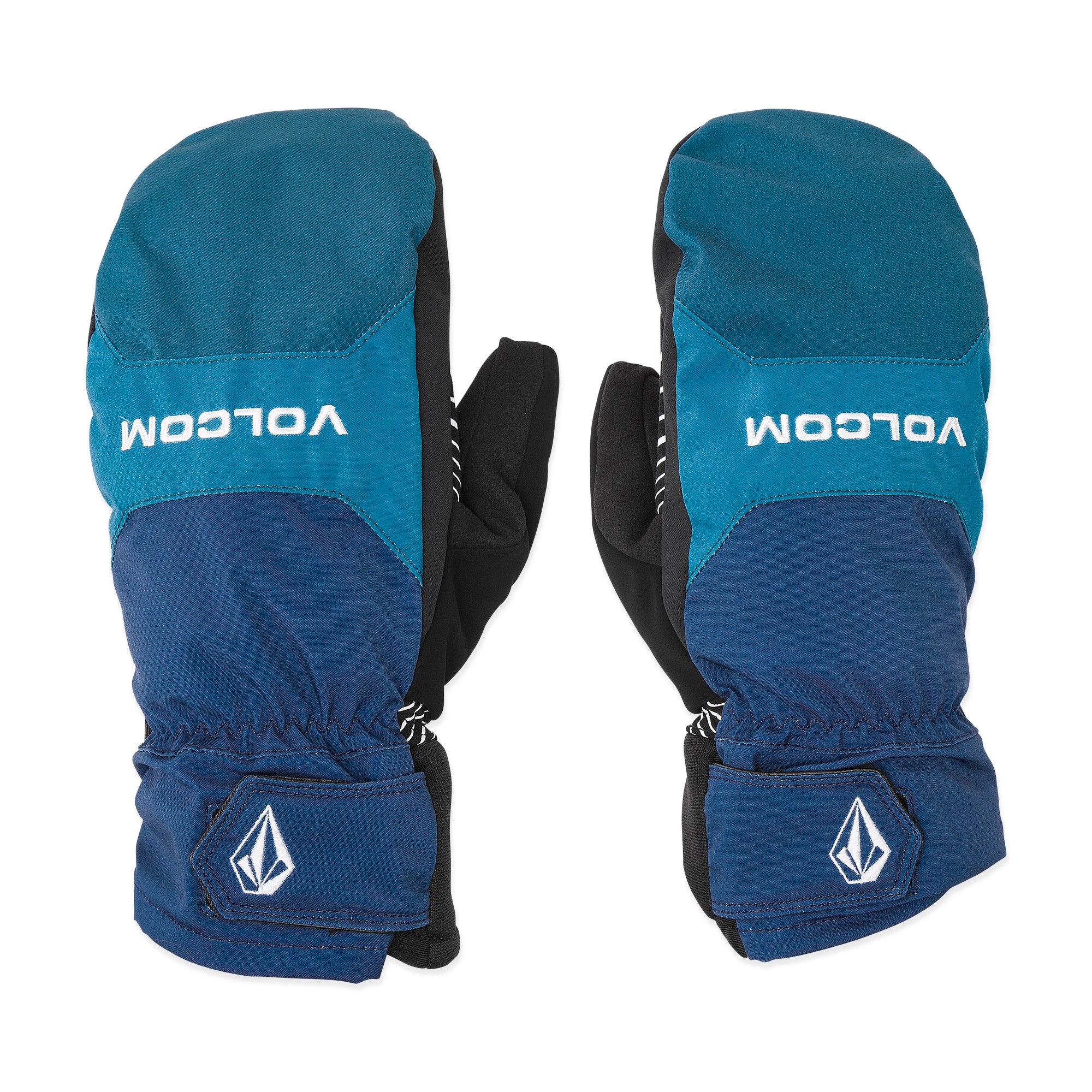 Volcom Men's V.Co Nyle Mitt - A pair of blue mittens with a black palm and white stitching on the wrist strap.