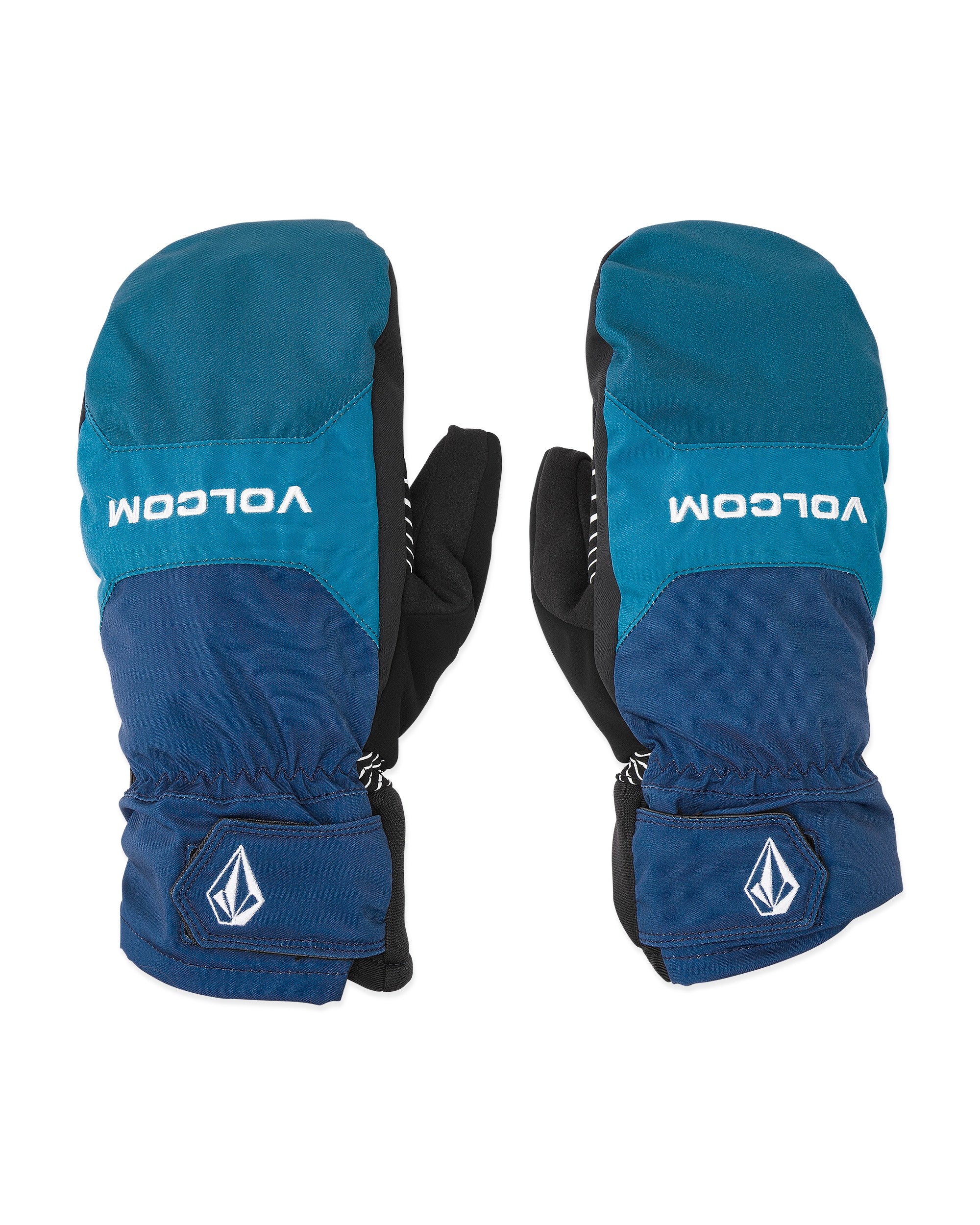 Volcom Men's V.Co Nyle Mitt - A pair of blue mittens with a black palm and white stitching on the wrist strap.