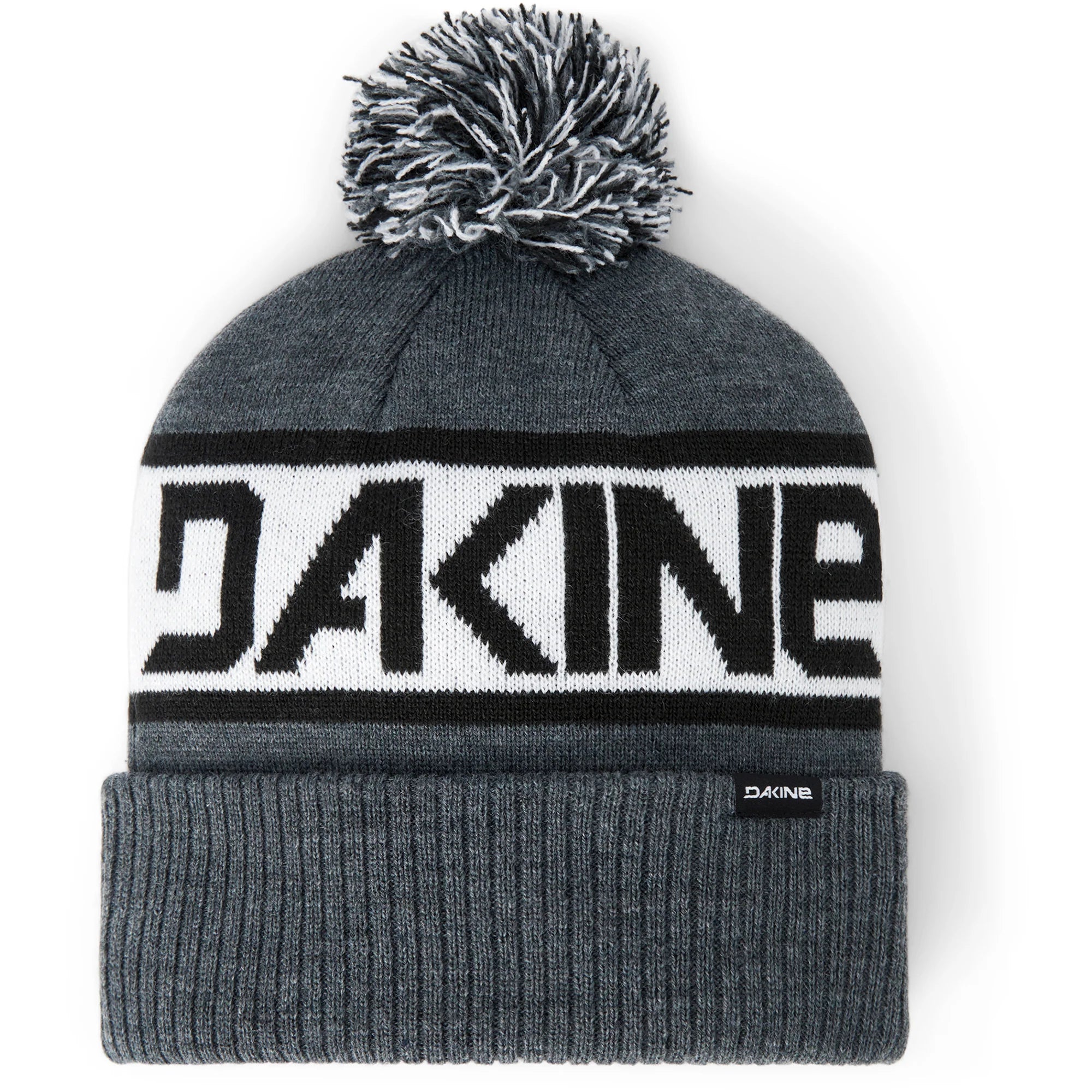 Dakine Jameson Knit Beanie 2025 - A gray beanie with a black and white stripe around the middle, featuring a large pom-pom on top.