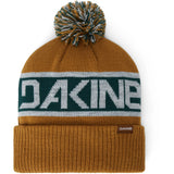 Dakine Jameson Knit Beanie 2025 - A mustard yellow beanie with a green and white stripe around the middle, featuring a large pom-pom on top.