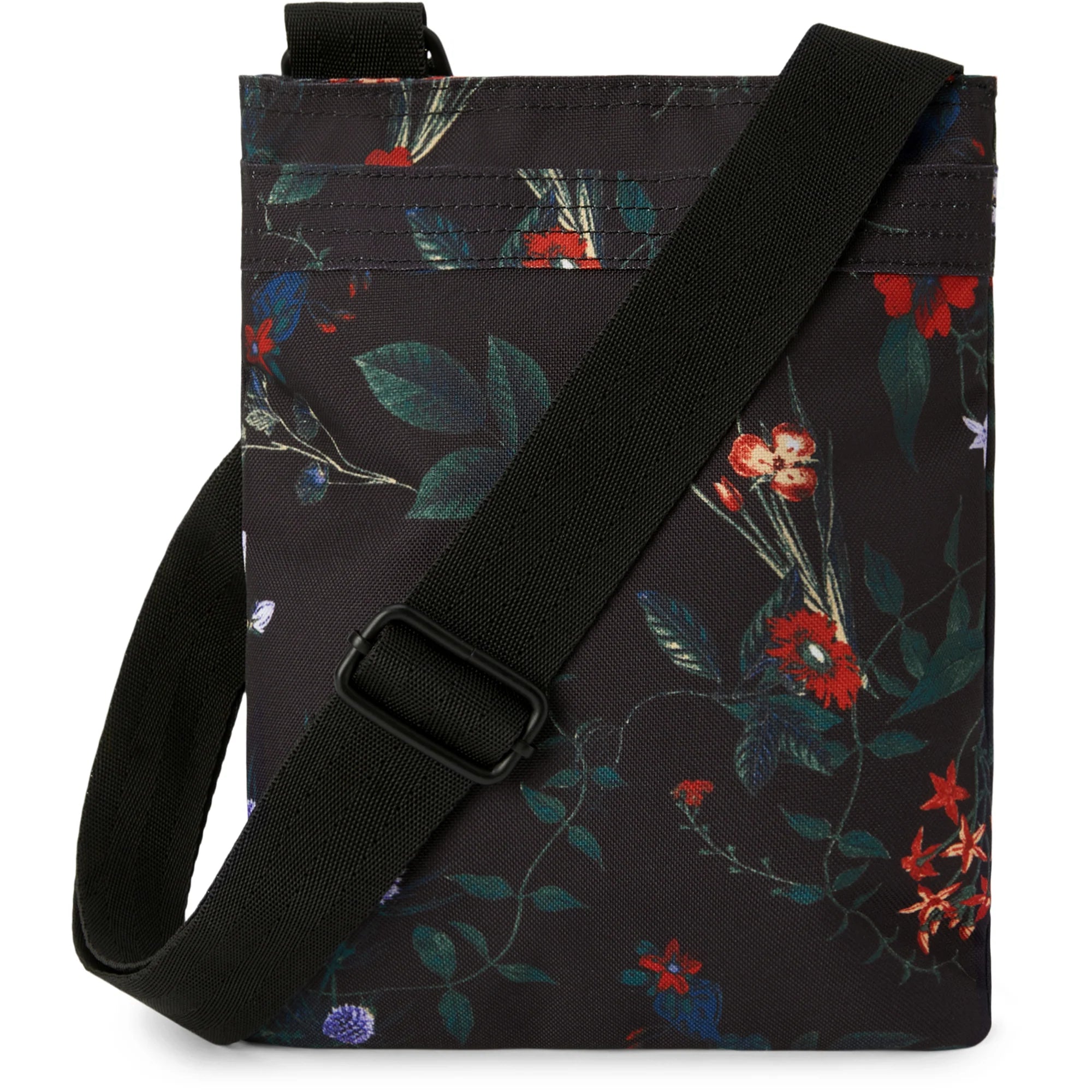 Dakine Jive Crossbody Bag 2025 - A black crossbody bag with a floral pattern of red, blue, and white flowers and green leaves.