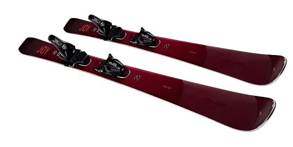 Head Women's Total Joy Skis with Joy 11 Bindings - Black skis with red lettering and bindings, angled from above.