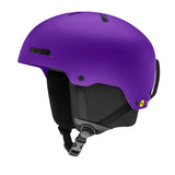 Kids MIPS ski helmet, purple, side profile with chin strap and goggle lens