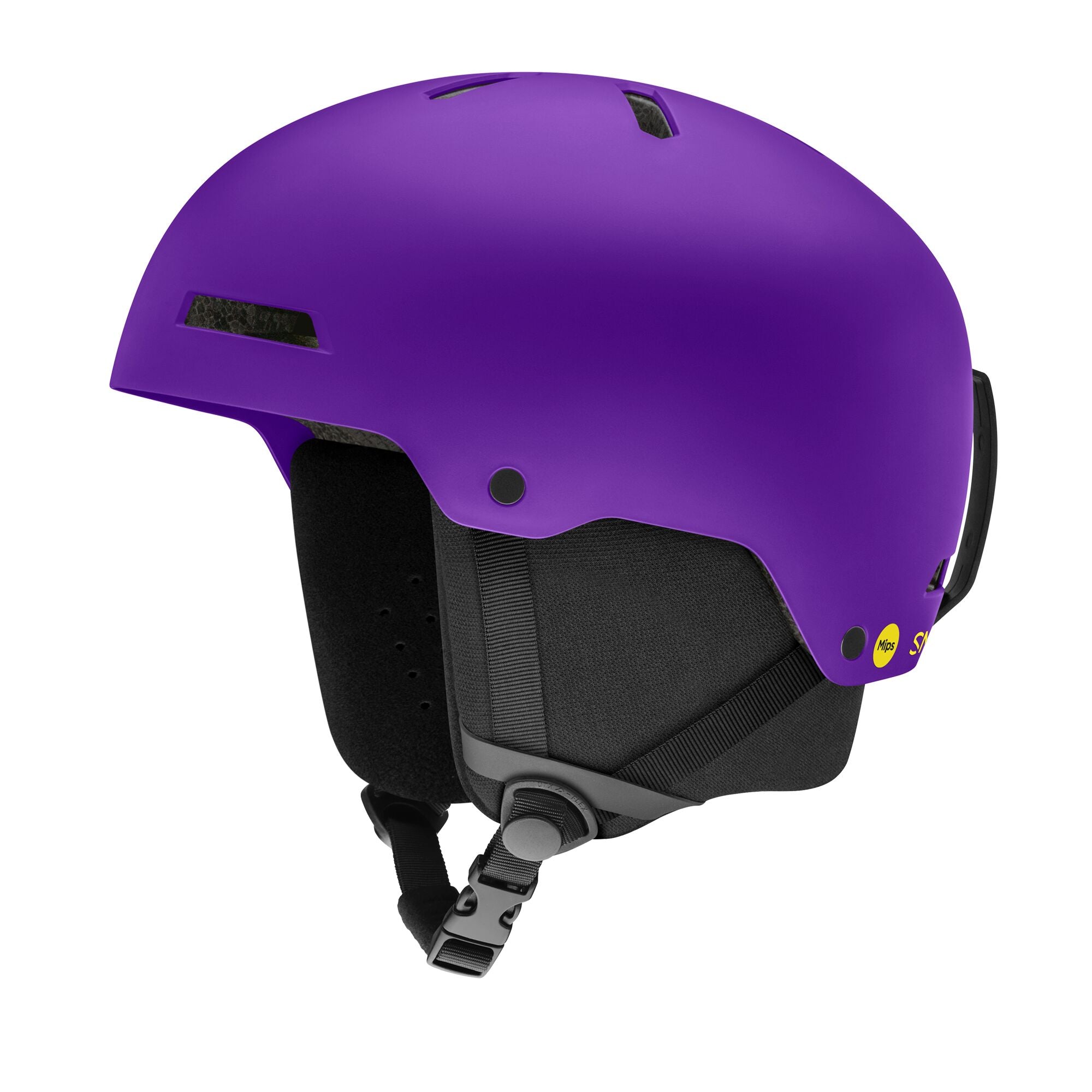 Kids MIPS ski helmet, purple, side profile with chin strap and goggle lens
