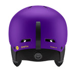 Kids MIPS ski helmet, purple, front view with ventilation slots and center strap
